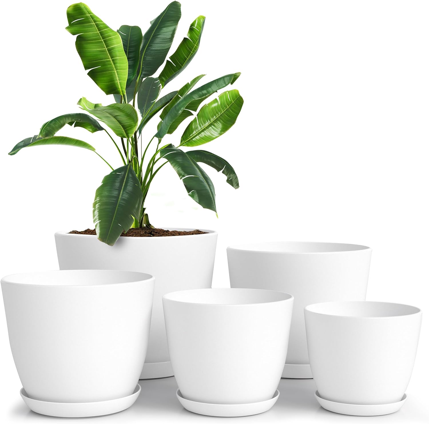 Utopia Home - Plant Pots with Drainage - 7/6.6/6/5.3/4.8 Inches Home Decor Flower Pots for Indoor Planter - Pack of 5 Plastic Planters, Cactus, Succulents Pot - White