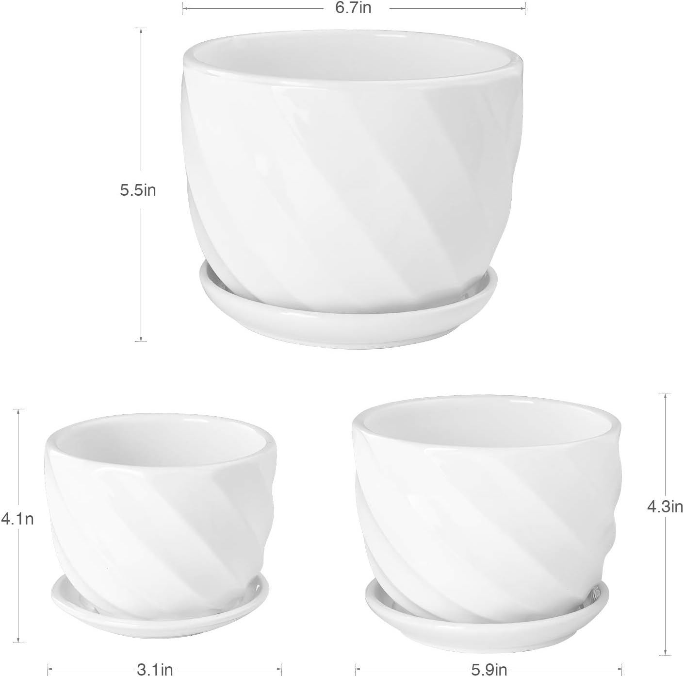 Set of 3 Ceramic Plant Pot - Flower Plant Pots Indoor with Saucers,Small to Medium Sized Round Modern Ceramic Garden Flower Pots (White)