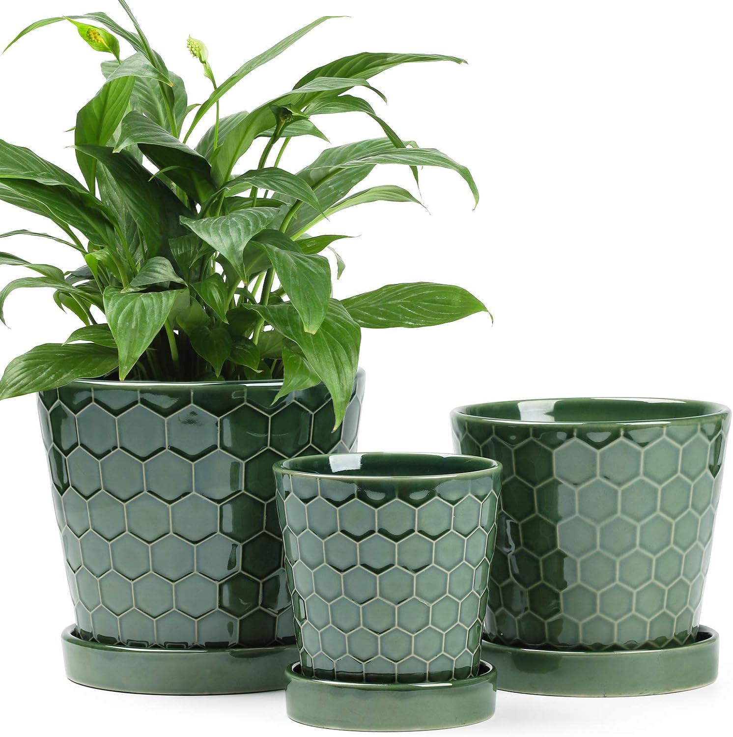 Ceramic Plant Pot  4+5+6 inch Ceramic Flower Pot with Drainage Holes and Ceramic Tray - Gardening Home Desktop Office Windowsill Decoration Gift Set 3 - Plants NOT Included (Patina)