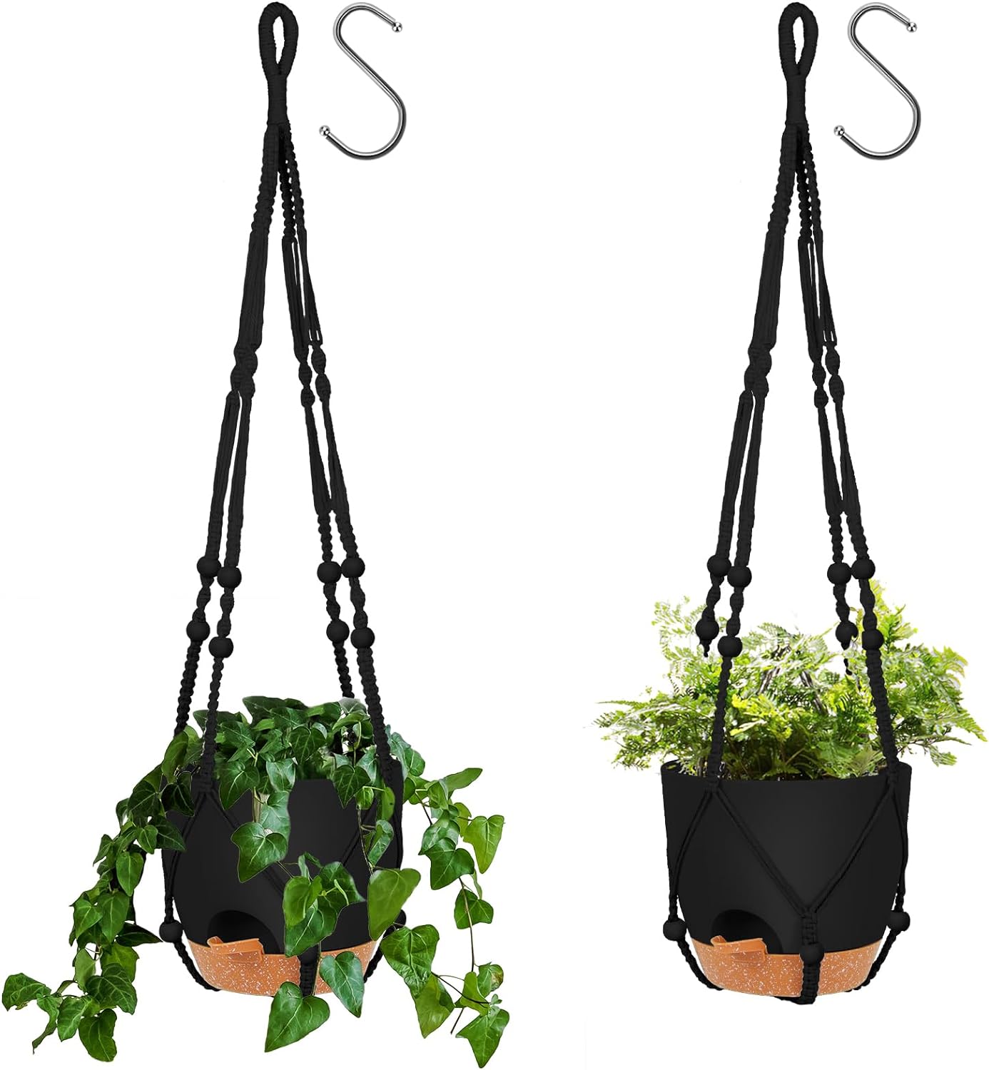 GARDIFE 8 Inch Hanging Planters with Macrame Plant Hanger for Indoor and Outdoor Plants, 2 Pack Large Self Watering Hanging Plant Pot with Basket Flower Pot with Drainage Hole, Black