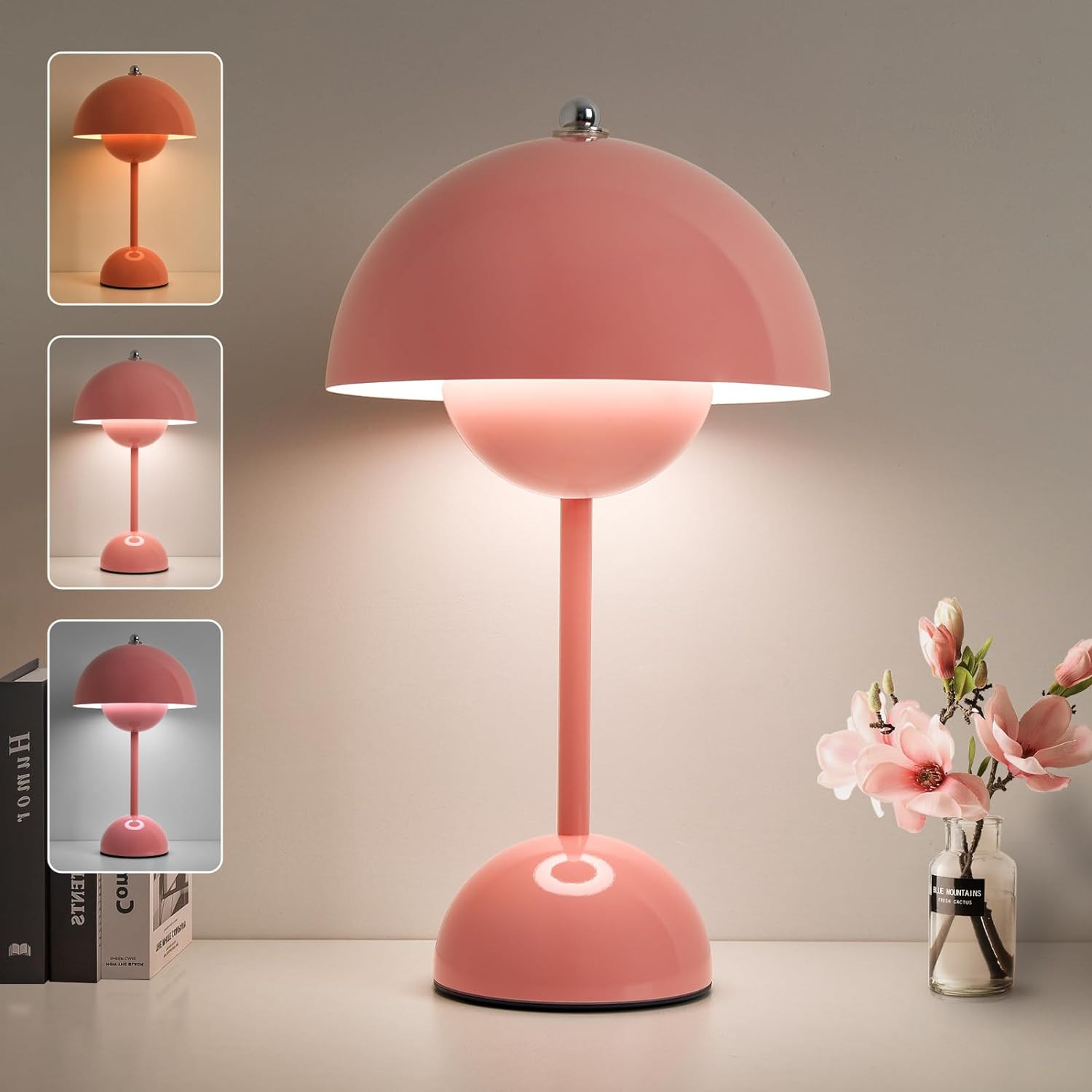 Modern Flowerpot Cordless Table Lamp,2600mAh Rechargeable Battery Operated Mushroom Light,3 Color Stepless Dimmable Up,12 Portable Bedside LED Desk Lamp,Perfect for Bedroom/Restaurant(Pink)
