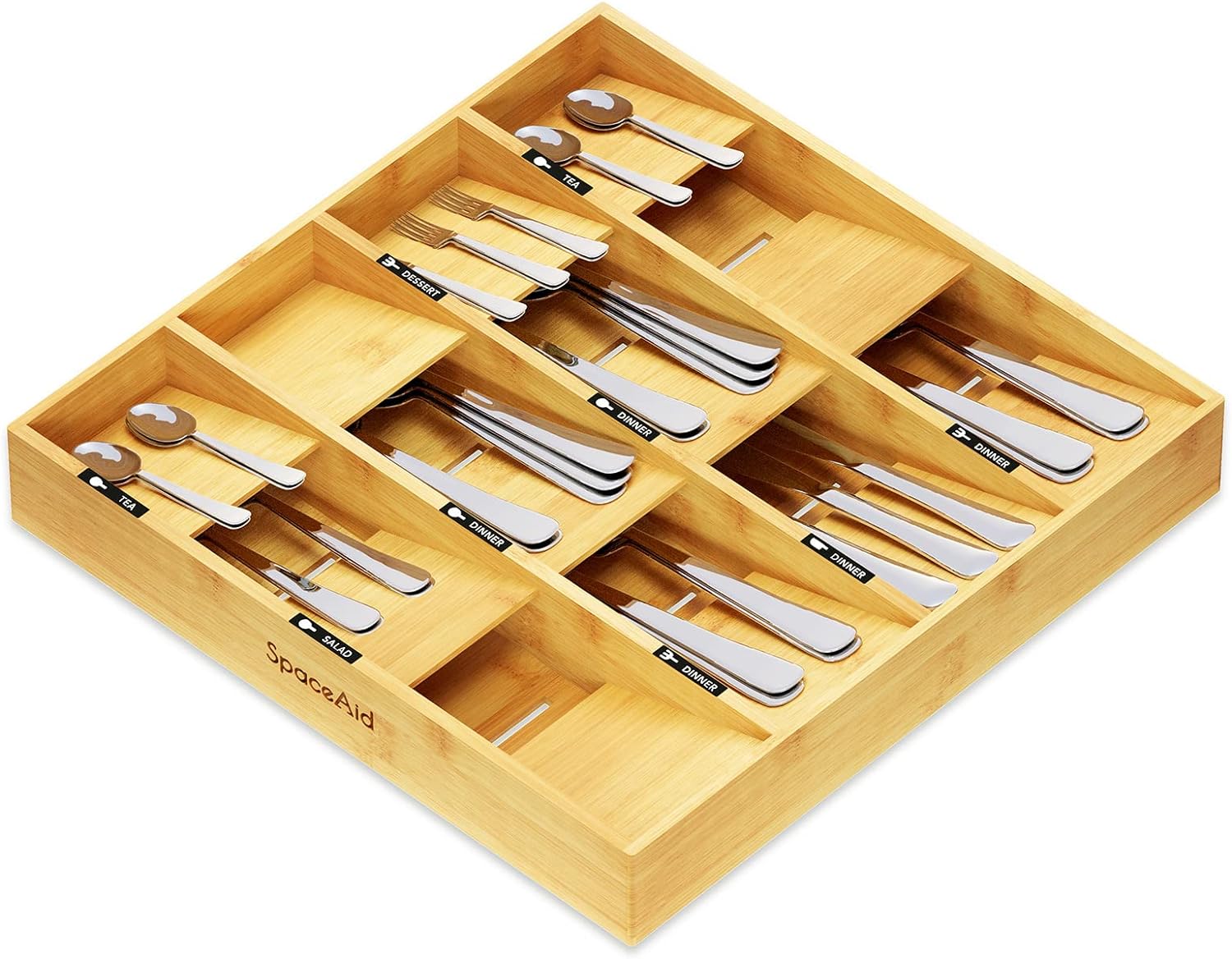 SpaceAid Bamboo Silverware Drawer Organizer with Labels, Kitchen Utensil Tray Holder Organizer for Flatware, Cutlery, Spoon and Knives Drawer Storage Organization (12 Slots)