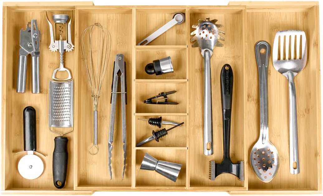 Adjustable Kitchen Drawer Organizer for Utensils and Junk, Expandable to 28 Inches Wide, 9 Compartments, 100% Bamboo