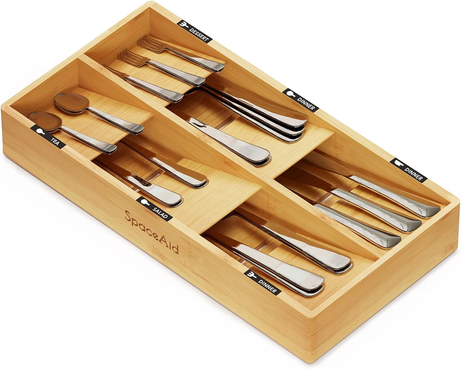 SpaceAid Bamboo Silverware Drawer Organizer with Labels, Kitchen Utensil Tray Holder Organizer for Flatware, Cutlery, Spoon and Knives Drawer Storage Organization (Natural, 6 Slots)