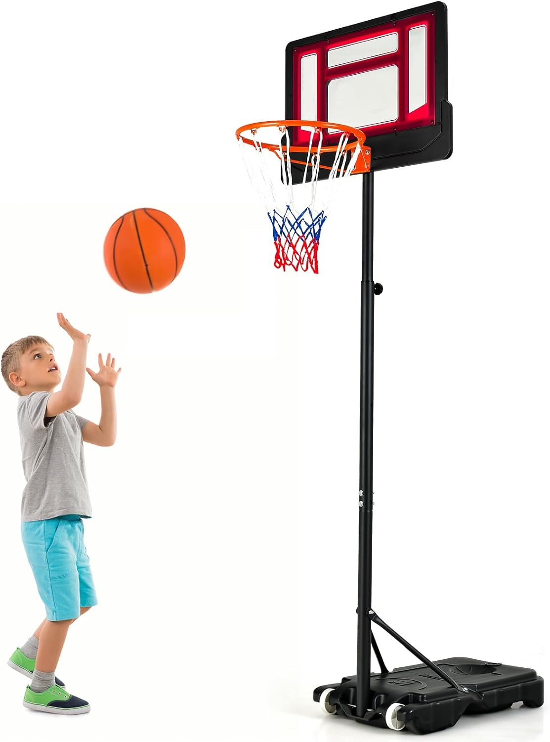 GYMAX Basketball Hoop, Stepless Adjustable Height 5-6.9 FT Basketball System with Shatterproof Backboard, All-Weather Frame, Wheels, Portable Basketball Goal for Kids, Teens, Adult, Indoor Outdoor Gym