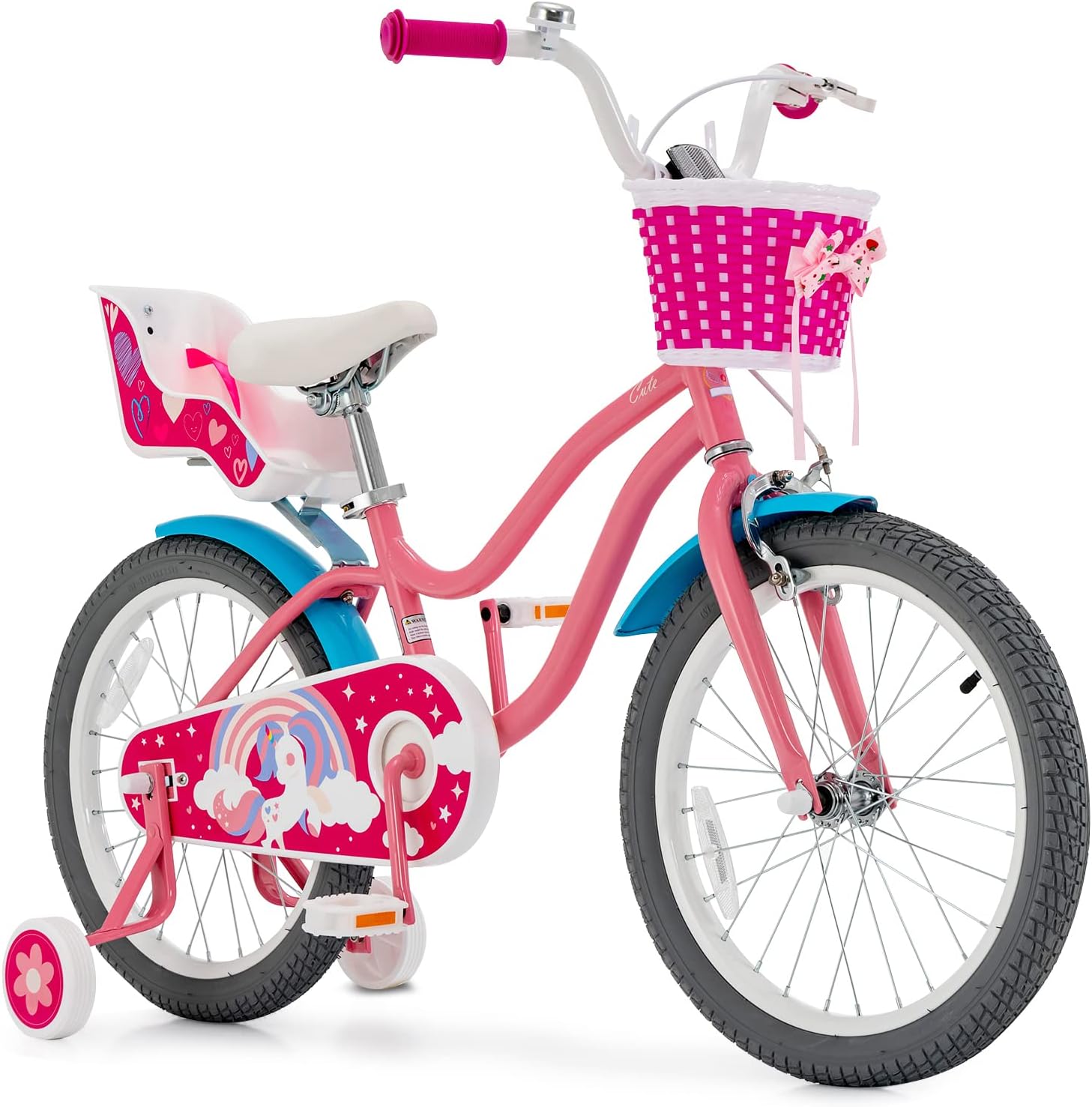 GYMAX Kids Bike, 14 18 Inch Kids Bicycle with Removable Training Wheels, Coaster Brake, Handbrake, Basket & Doll Chair, Toddler Girls & Boys Bike for Age 3-9