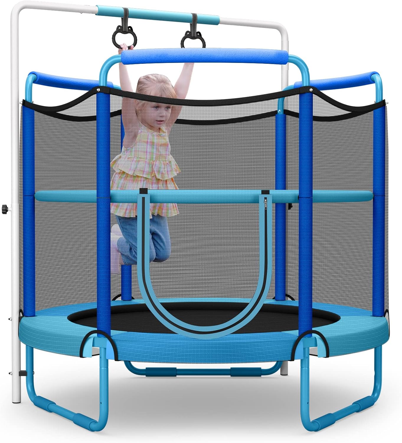 GYMAX 5FT Trampoline for Kids, ASTM Approved Toddler Trampoline with Adjustable Horizontal Bar, Enclosure Safety Net & Kitten Trapeze Rings, Mini Indoor/Outdoor Kids Trampoline