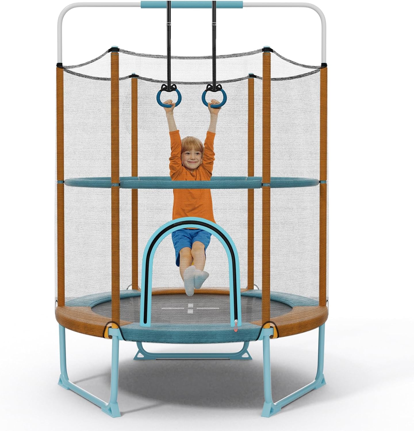 GYMAX 5FT Trampoline for Kids, ASTM Approved Toddler Trampoline with Adjustable Horizontal Bar, Enclosure Safety Net & Kitten Trapeze Rings, Mini Indoor/Outdoor Kids Trampoline