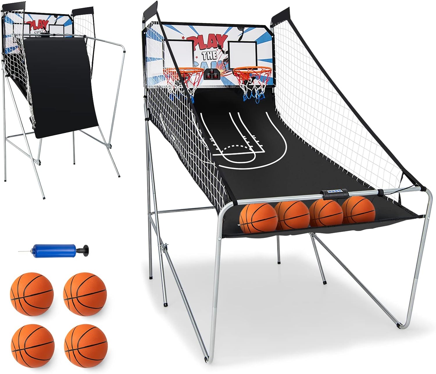 GYMAX Basketball Arcade Game Indoor, Foldable Basketball Game w/ 8 Game Modes, Arcade Sound, 4 Balls and Inflation Pump, Electronic Basketball Games for All Ages Home (White+Light Blue)