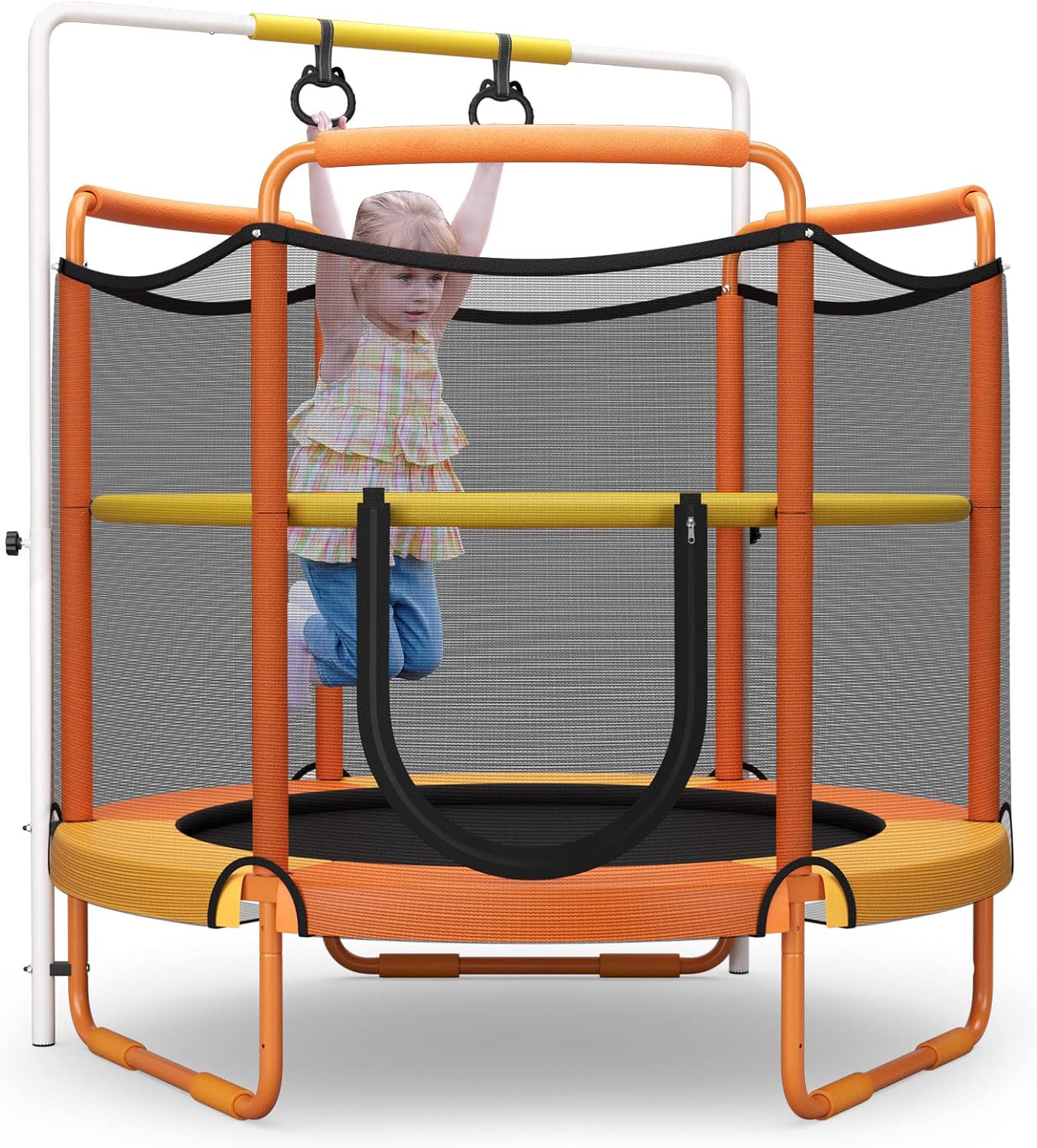 GYMAX 5FT Trampoline for Kids, ASTM Approved Toddler Trampoline with Adjustable Horizontal Bar, Enclosure Safety Net & Kitten Trapeze Rings, Mini Indoor/Outdoor Kids Trampoline