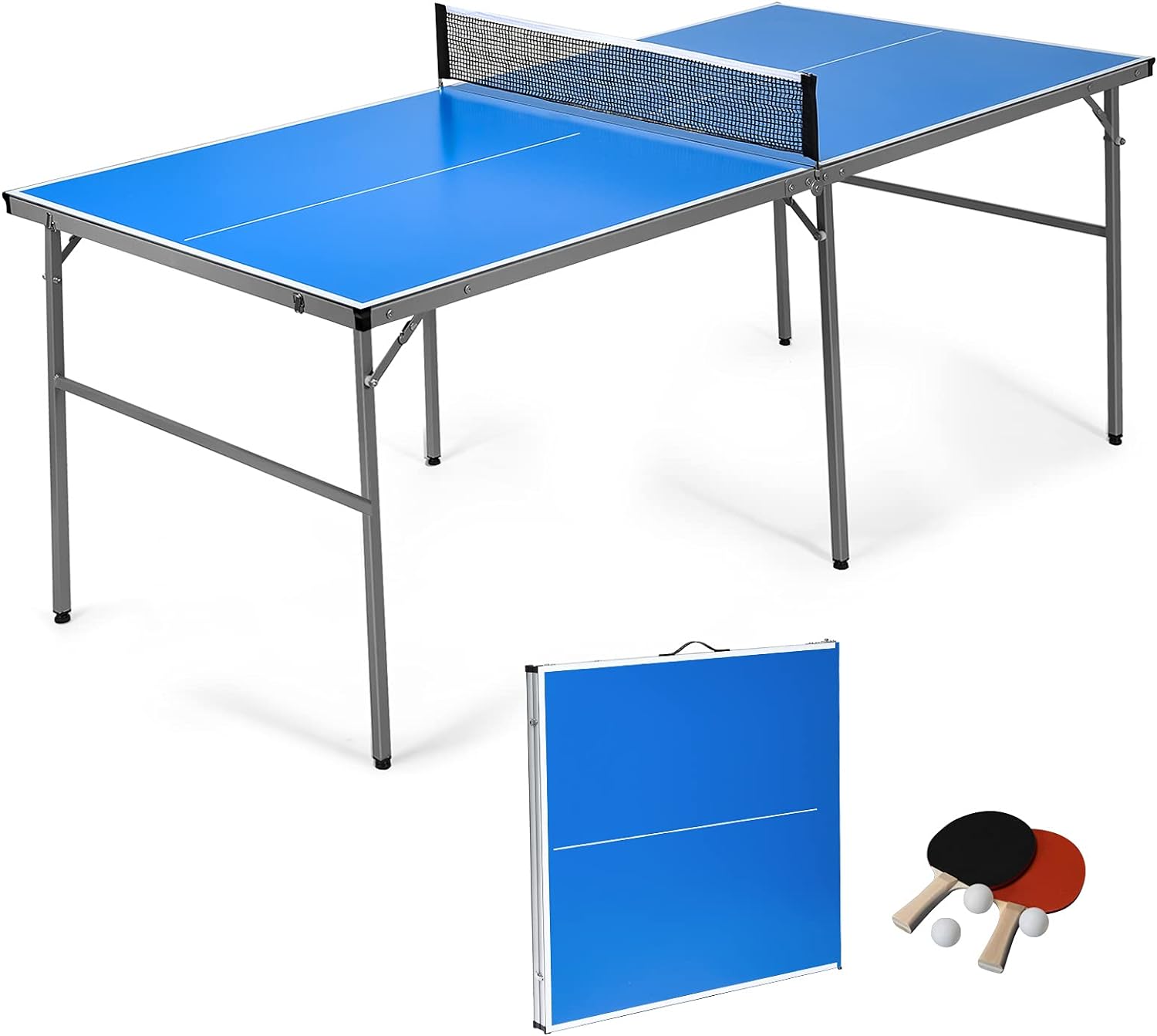 GYMAX Folding Table Tennis Table Set, Complete Ping Pong Table Combo with Removable Net, 2 Paddles & 3 Balls, Potable Table Tennis Kit for Family Kids Game