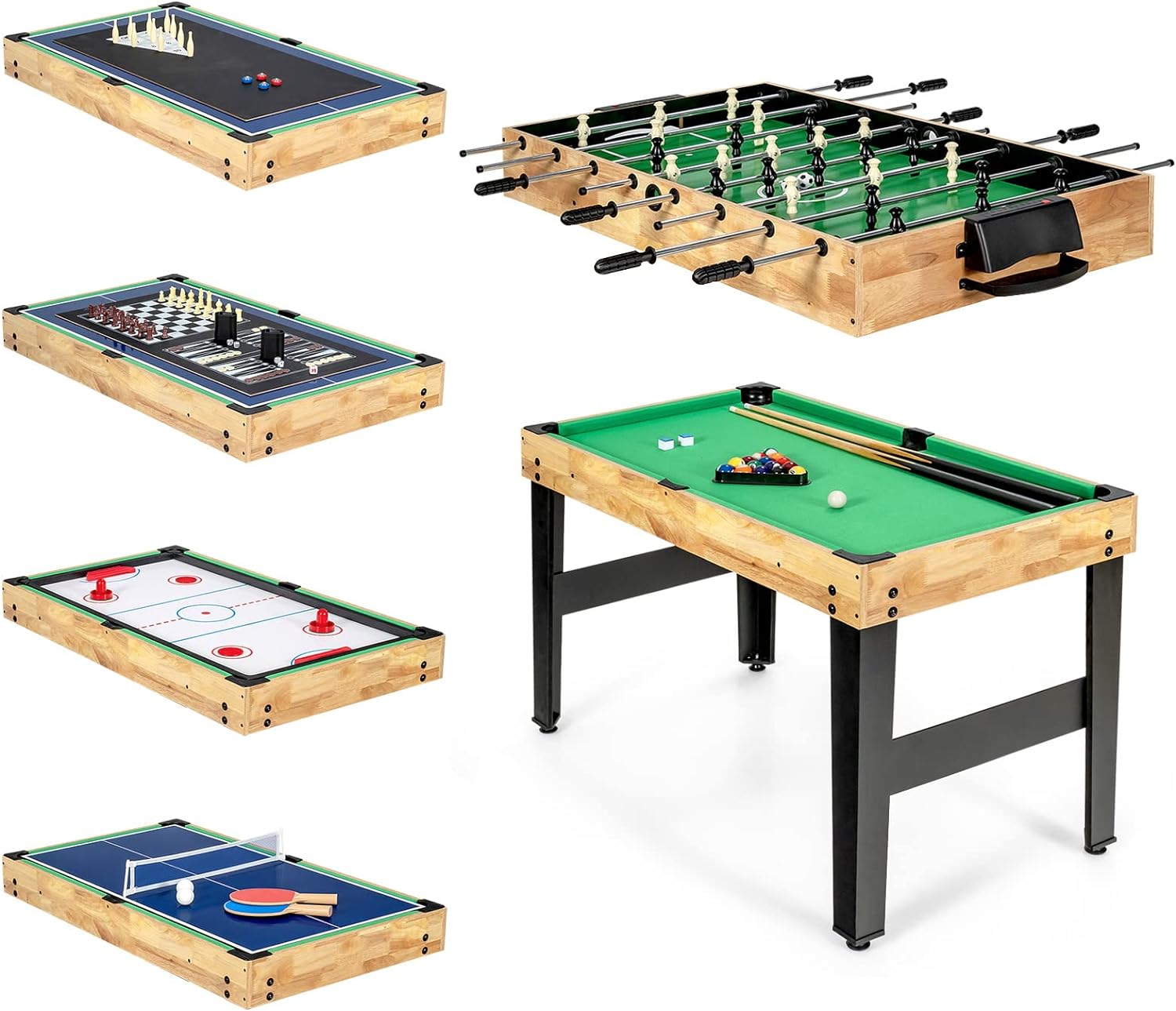 GYMAX Multi Game Table, 10 in 1 Combo Game Table w/Foosball Table, Air Hockey, Pool Table, Ping Pong, Shuffleboard, Bowling & 4 Board Games, Game Tables for Game Room, Home, Family