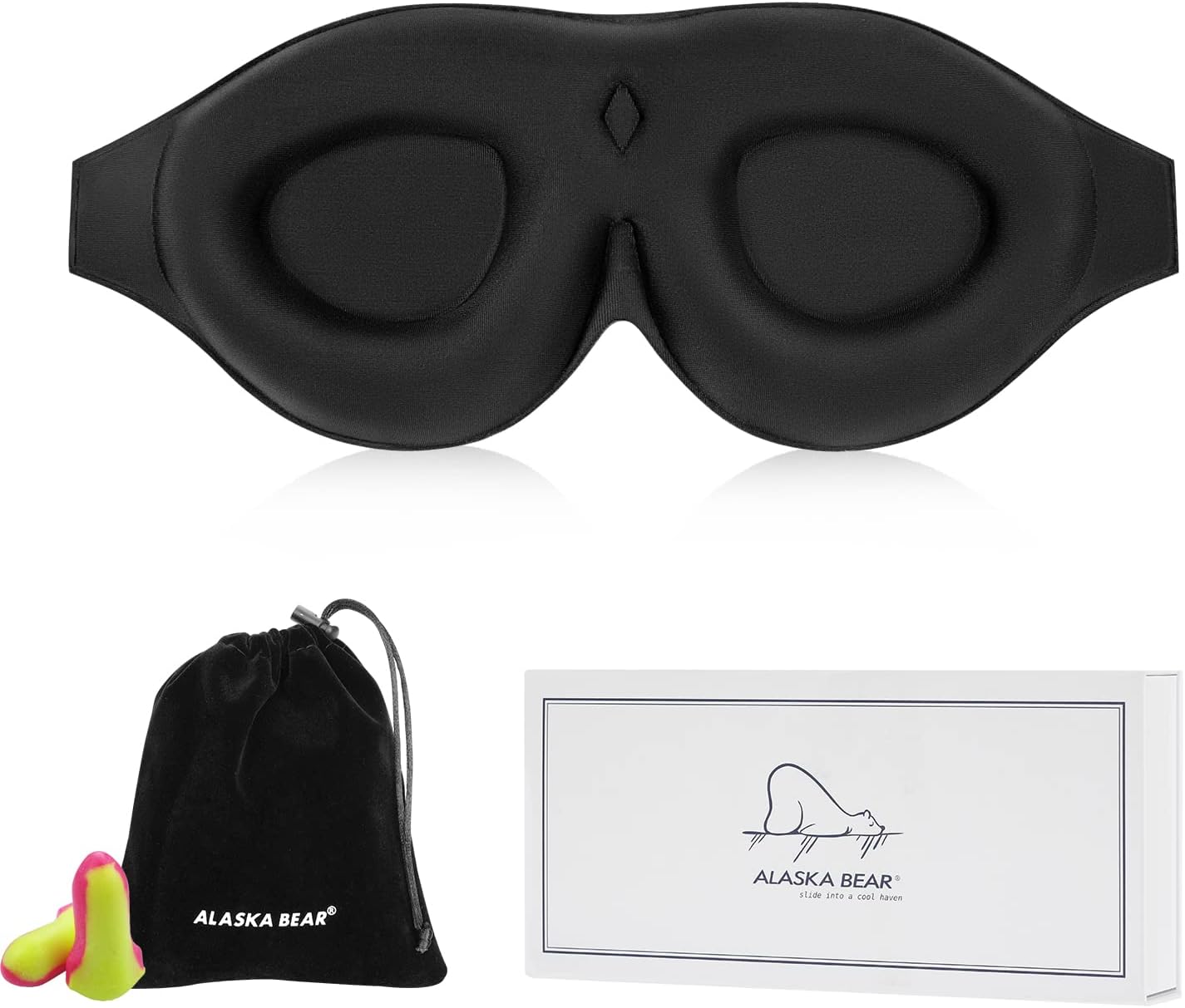 ALASKA BEAR Memory Foam Sleep Mask with Comfortable Contoured Cups for Women and Men Sensitive Eyes, 3D Pillow Soft Blackout Eye Mask Without Pressure on Eyelids and Eyelashes, Earplugs Set, Black