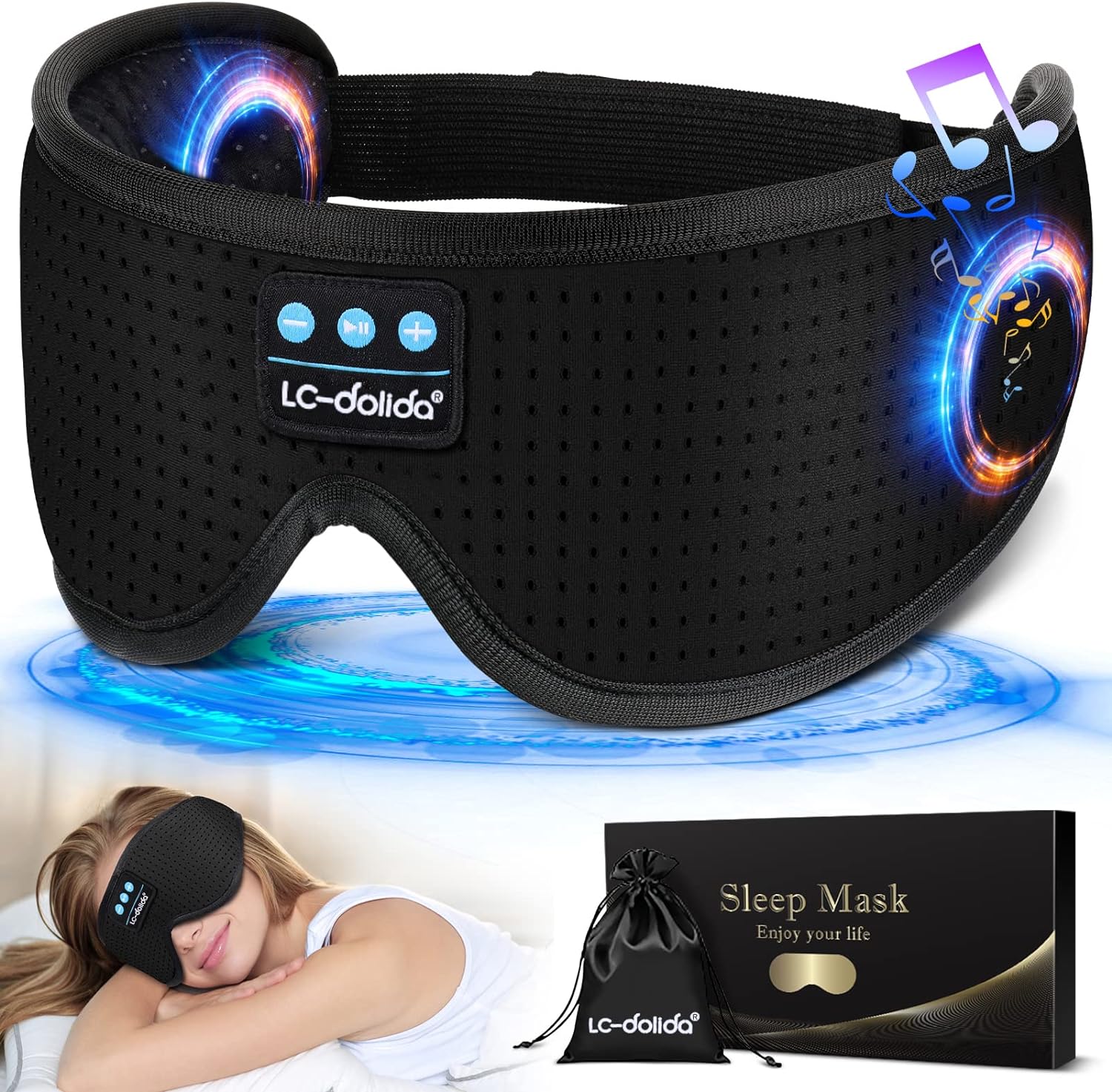 LC-dolida Sleep Headphones, White Noise Bluetooth Sleep Mask 3D Wireless Eye Mask Sleeping with Timing, Sleep Mask with Bluetooth Headphones for Side Sleepers Travel Yoga, Cool Gifts Men Women