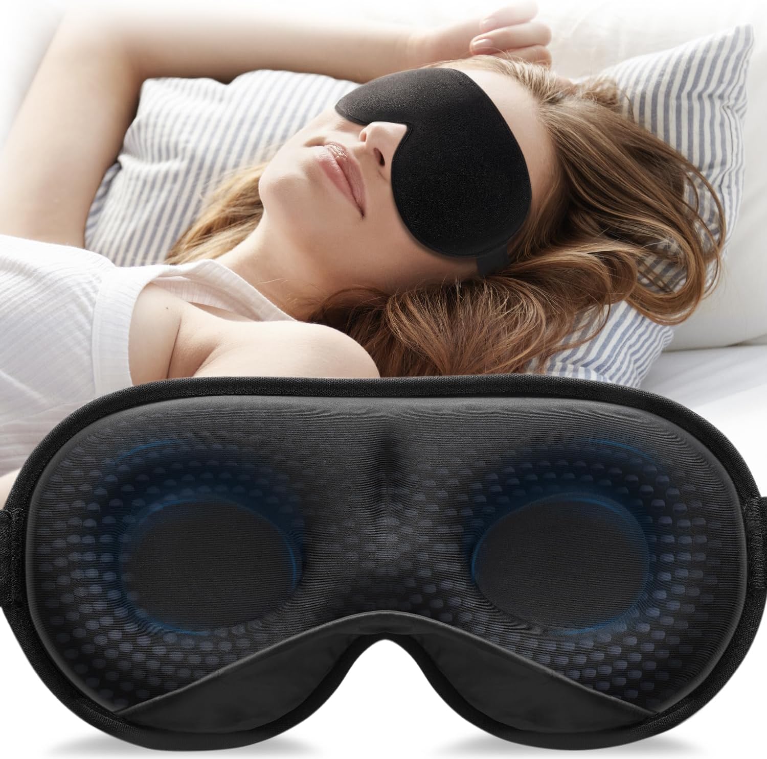 YFONG Weighted Sleep Mask, Women Men 3D Blocking Lights Sleeping Mask (4.2oz/120g), Pressure Relief Night Sleep Eye Mask with Adjustable Strap, Eye Cover Blindfold for Travel Nap Yoga, Black