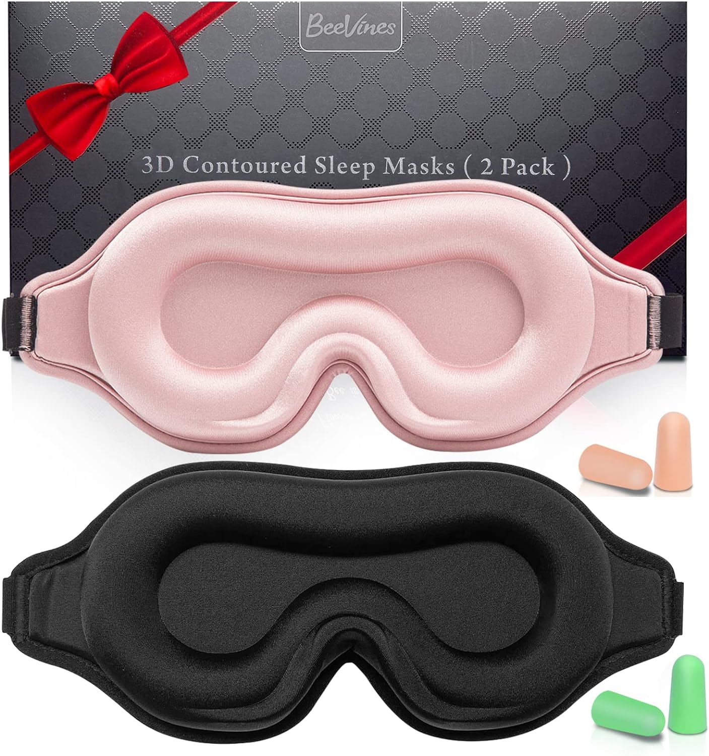 Eye Mask for Sleeping, 2 Pack 3D Contoured Sleep Eye Mask with Adjustable Strap, BeeVines Molded Night Eye Sleep Mask for Lash Extensions, Eye Shade Cover for Traveling Yoga Nap