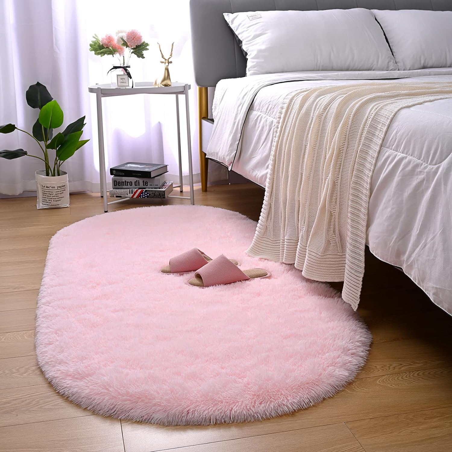 Merelax Soft Shaggy Rug for Kids Bedroom, Oval 2.6'x5.3' Pink Plush Fluffy Furry Carpets for Living Room, Teen Girls Room, Anti-Skid Fuzzy Comfy Rug for Nursery Decor Cute Baby Play Mat