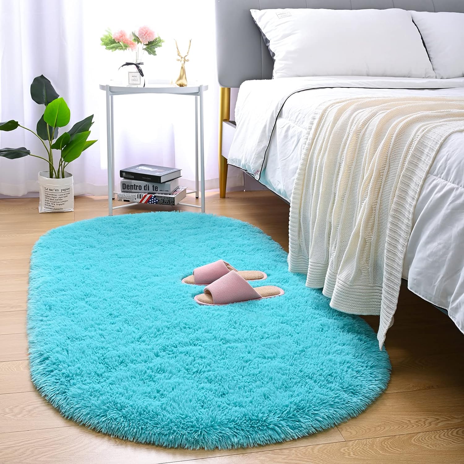 Merelax Soft Shaggy Rug for Kids Bedroom, Oval 2.6'x5.3' Teal Plush Fluffy Carpets for Living Room, Furry Carpet for Teen Girls Room, Anti-Skid Fuzzy Comfy Rug for Nursery Decor Cute Baby Play Mat