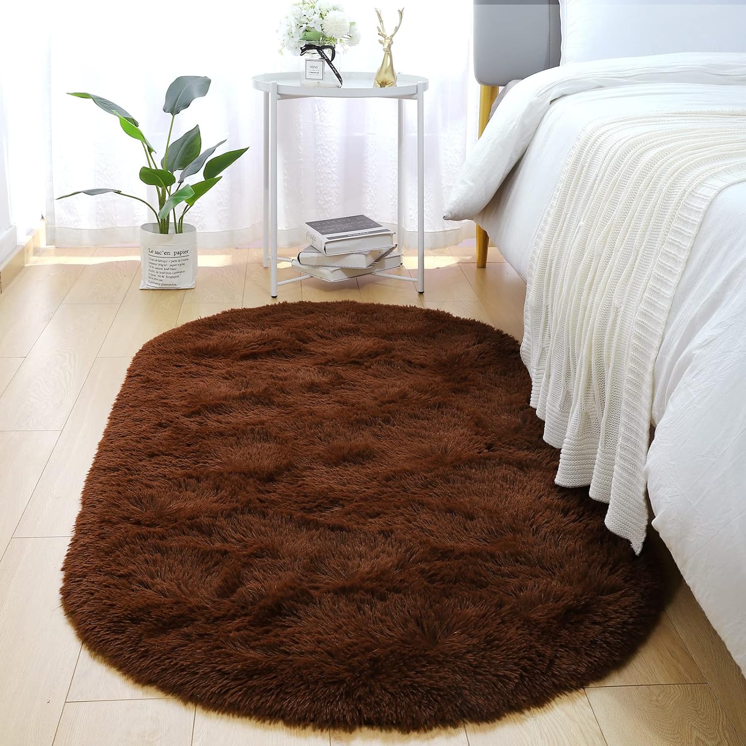Merelax Soft Shaggy Rug for Kids Bedroom Oval 2.6'x5.3' Brown Plush Fluffy Carpet for Living Room, Furry Carpet for Teen Girls Room, Anti-Skid Fuzzy Comfy Rug for Nursery Decor Cute Baby Play Mat