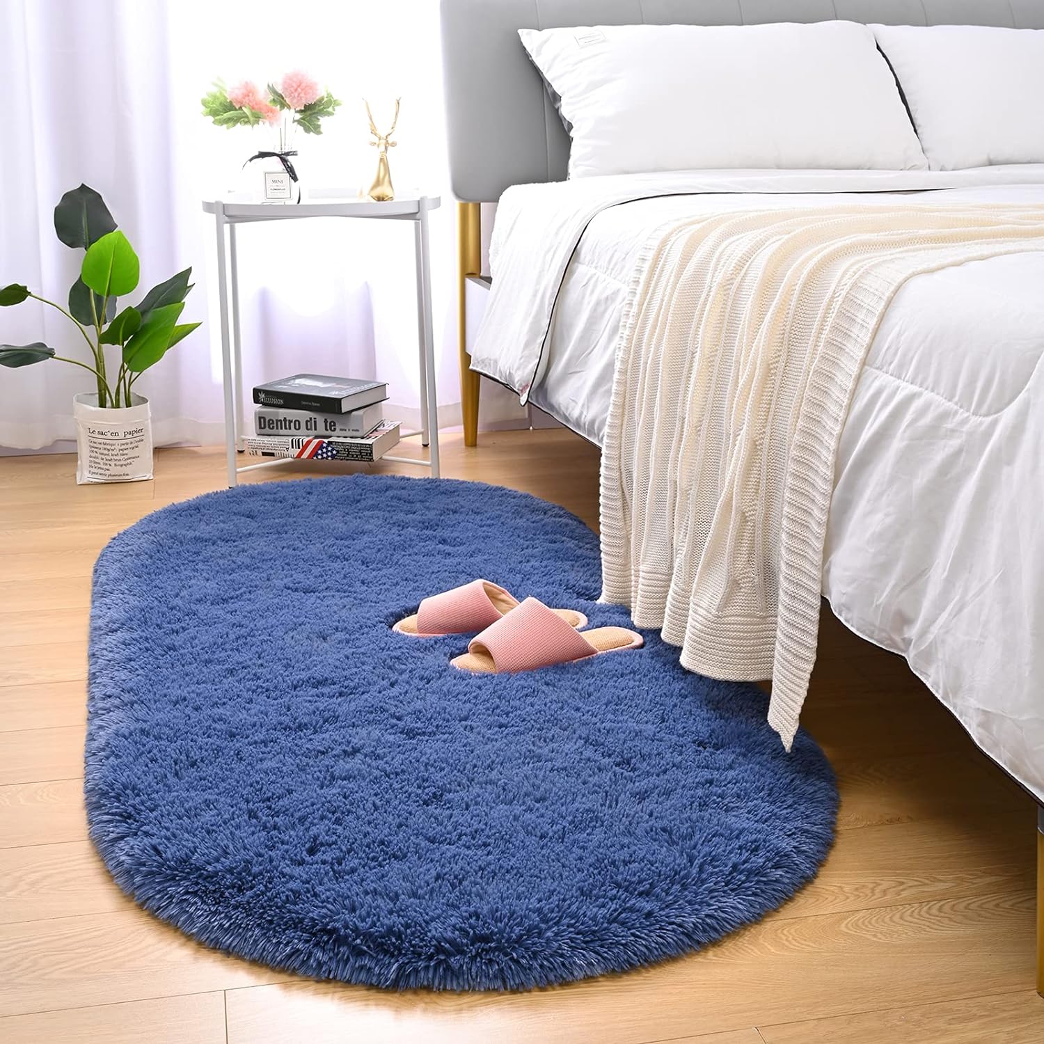 Merelax Soft Shaggy Rug for Kids Bedroom Oval 2.6'x5.3' Light Navy Plush Fluffy Carpet for Living Room, Furry Carpet for Teen Girls Room, Anti-skid Fuzzy Comfy Rug for Nursery Decor Cute Baby Play Mat