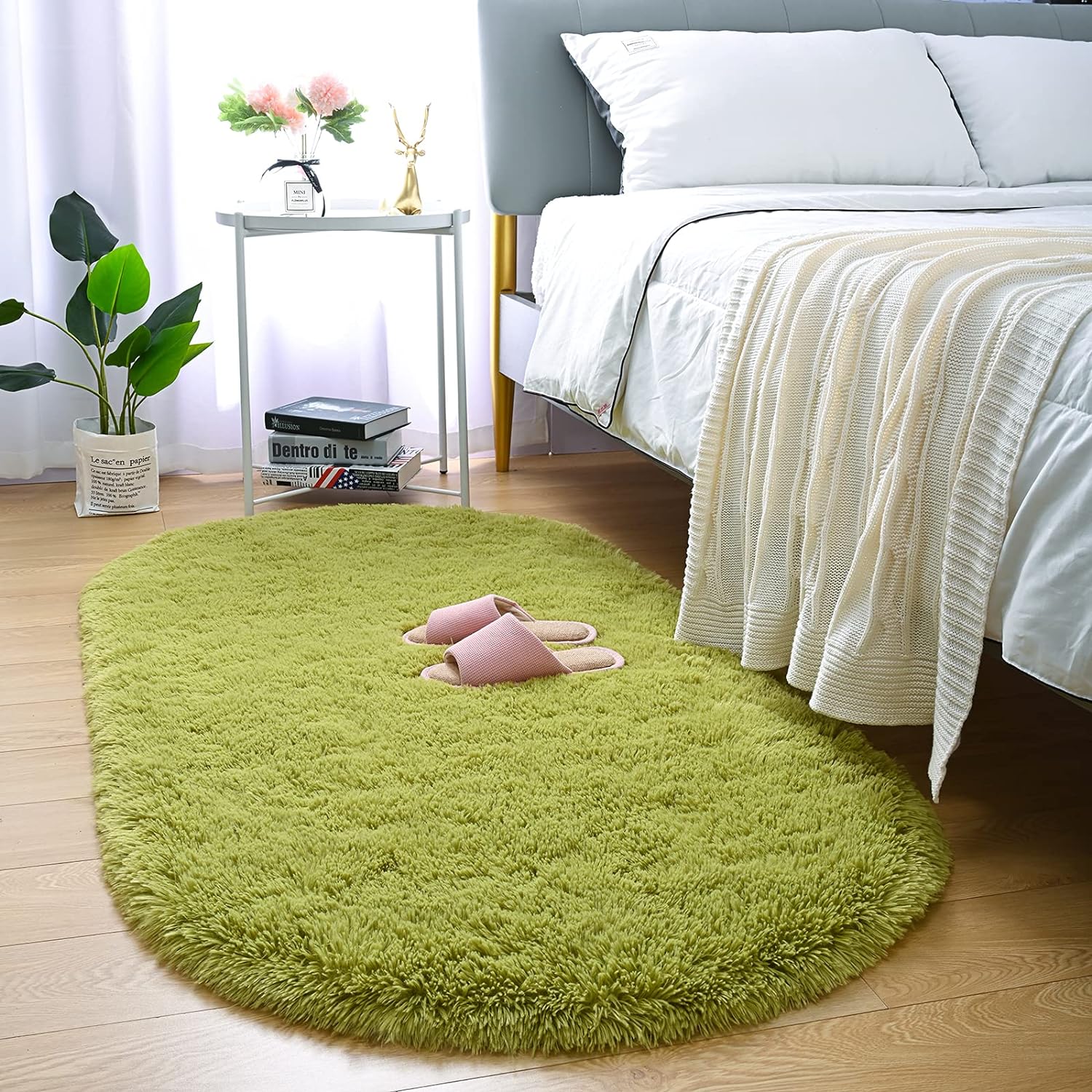 Merelax Soft Shaggy Rug for Kids Bedroom, Oval 2.6'x5.3' Green Plush Fluffy Carpets for Living Room, Furry Carpet for Teen Girls Room, Anti-Skid Fuzzy Comfy Rug for Nursery Decor Cute Baby Play Mat