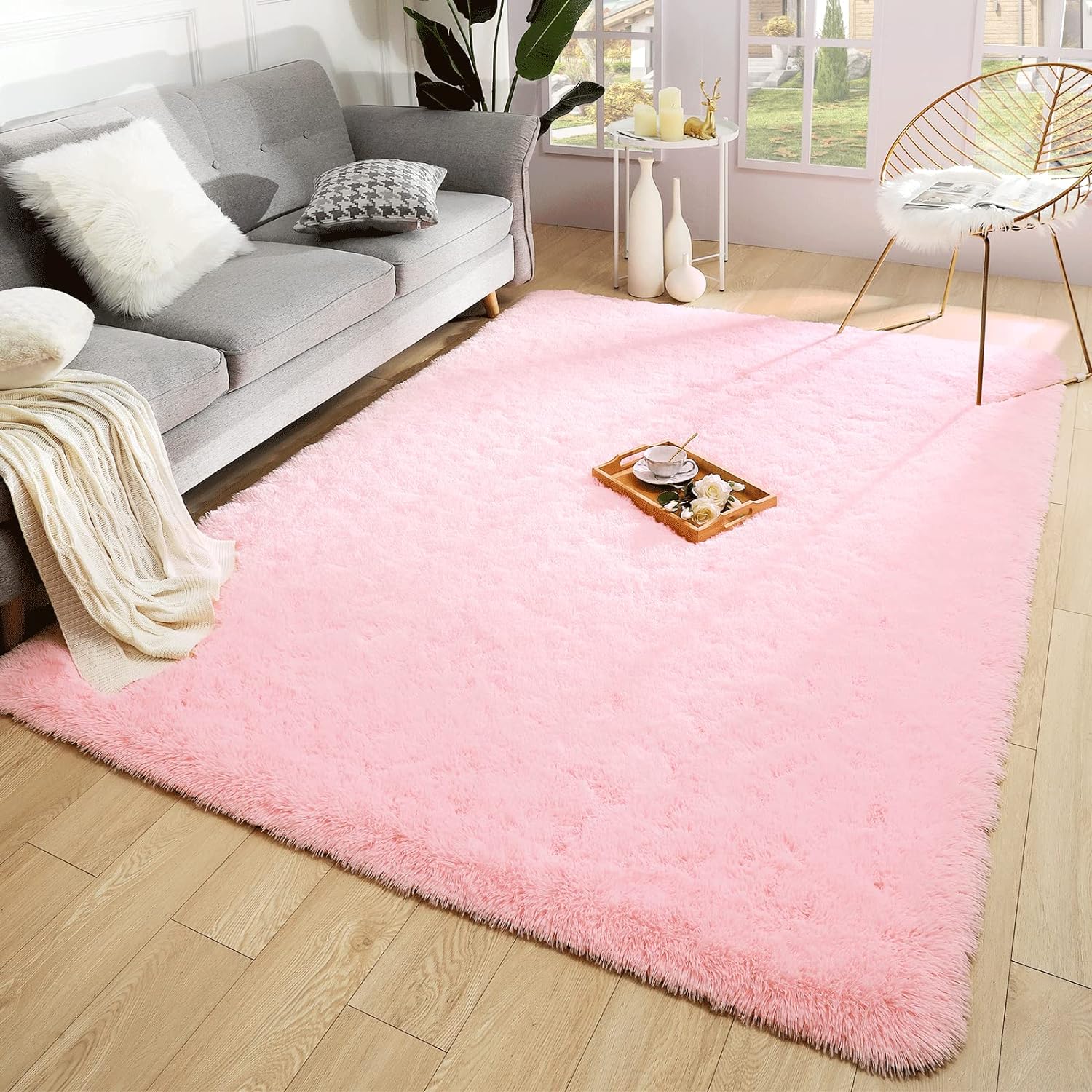 Merelax Soft Modern Indoor Large Shaggy Rug for Bedroom Livingroom Dorm Kids Room Home Decorative, Non-Slip Plush Fluffy Furry Fur Area Rugs Comfy Nursery Accent Floor Carpet 5x8 Feet, Pink