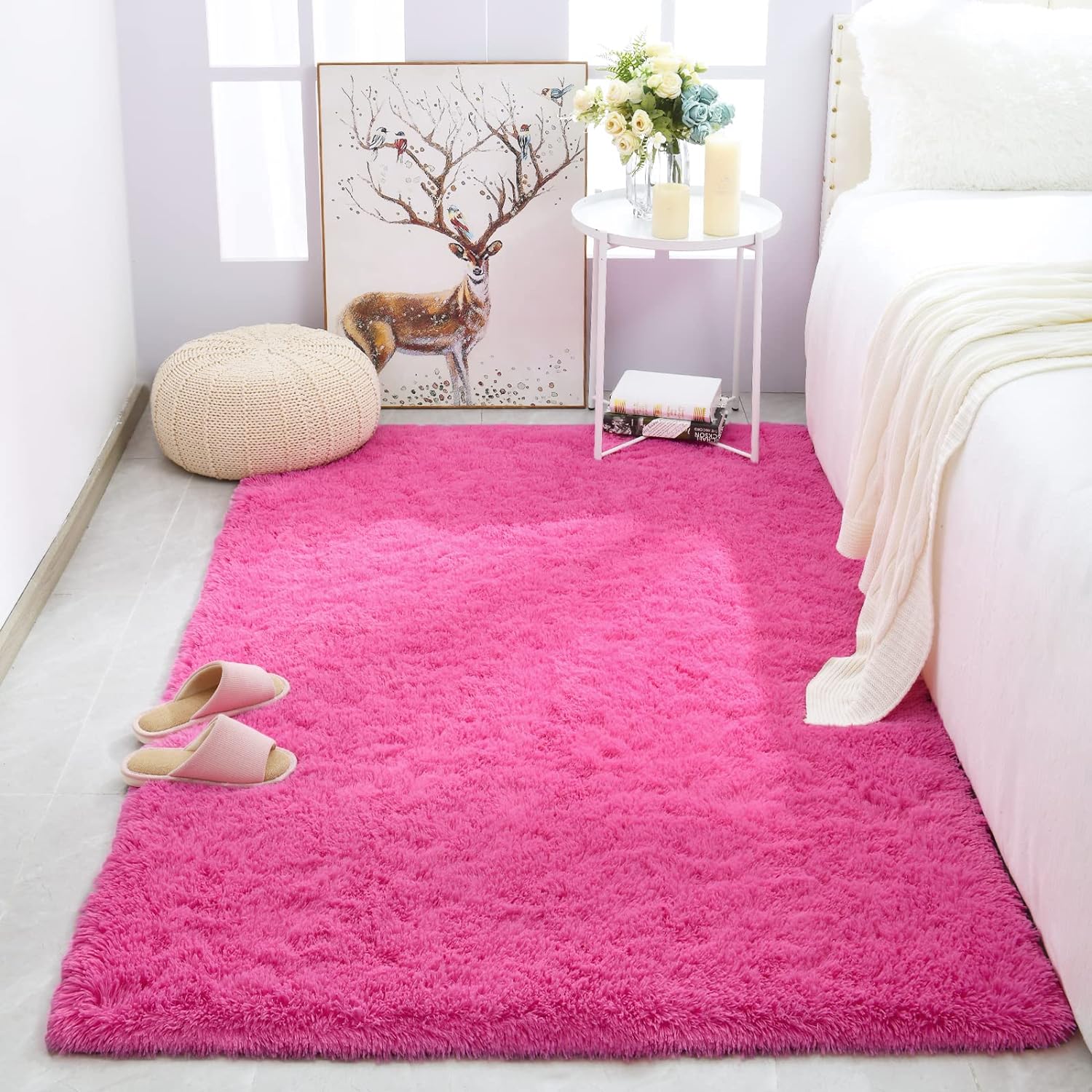 Merelax Soft Modern Indoor Shaggy Rug for Bedroom Livingroom Dorm Kids Room Home Decorative, Non-Slip Plush Fluffy Furry Fur Area Rugs Comfy Nursery Accent Floor Carpet 3x5 Feet, Hot Pink