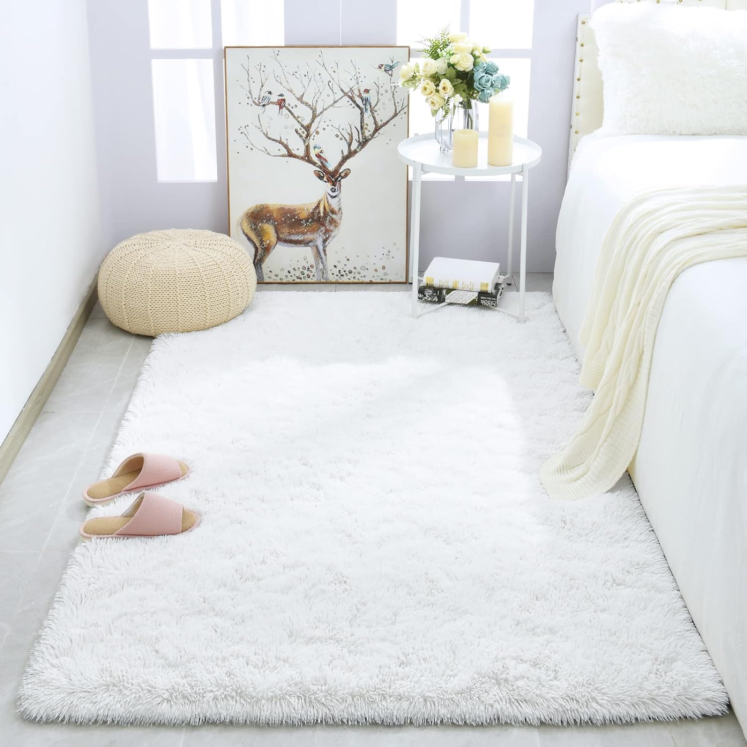 Merelax Soft Modern Indoor Shaggy Area Rug for Bedroom Livingroom Dorm Kids Room Home Decorative, Non-Slip Plush Fluffy Furry Fur Rugs Comfy Nursery Accent Floor Carpet 3x5 Feet, White