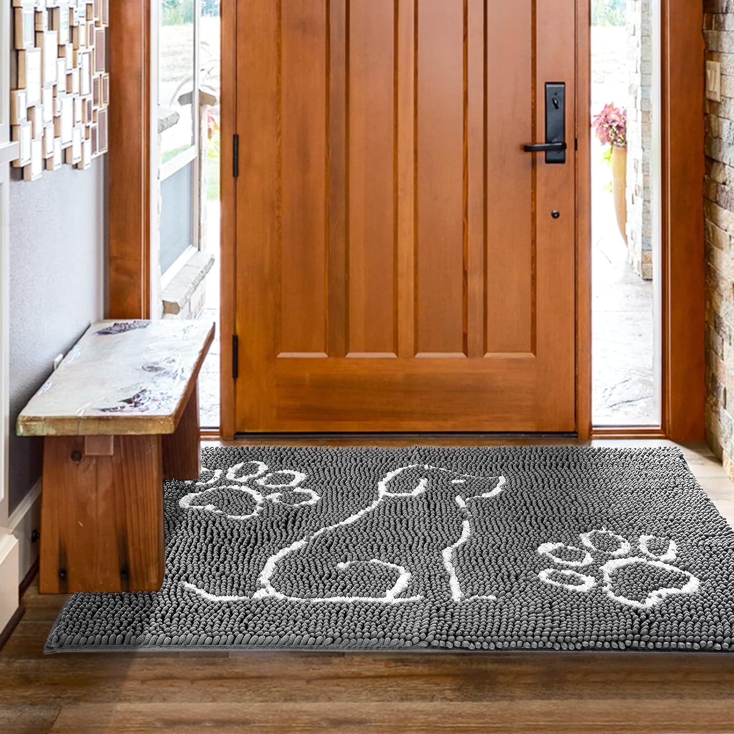 Merelax Indoor Door Mat Entryway Rug, Large Mats for Dogs, Water Absorbent Mat for Shoes Dog Paws, Machine Washable Front Door Mat, Non Slip Dog Floor Mats for Entrance, 48x30, Grey