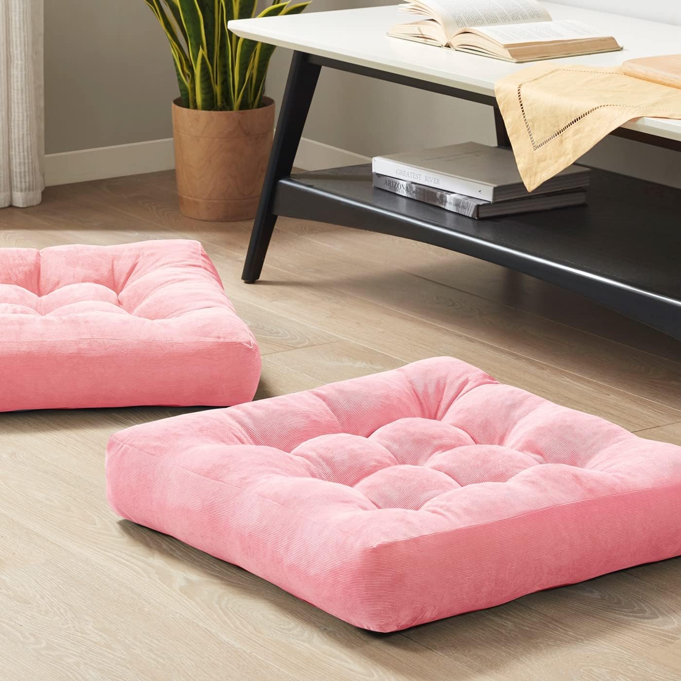 Meditation Floor Pillow Set of 2, Square Large Pillows Seating for Adults, Tufted Corduroy Floor Cushion for Living Room Tatami, Pink 22x22 Inch