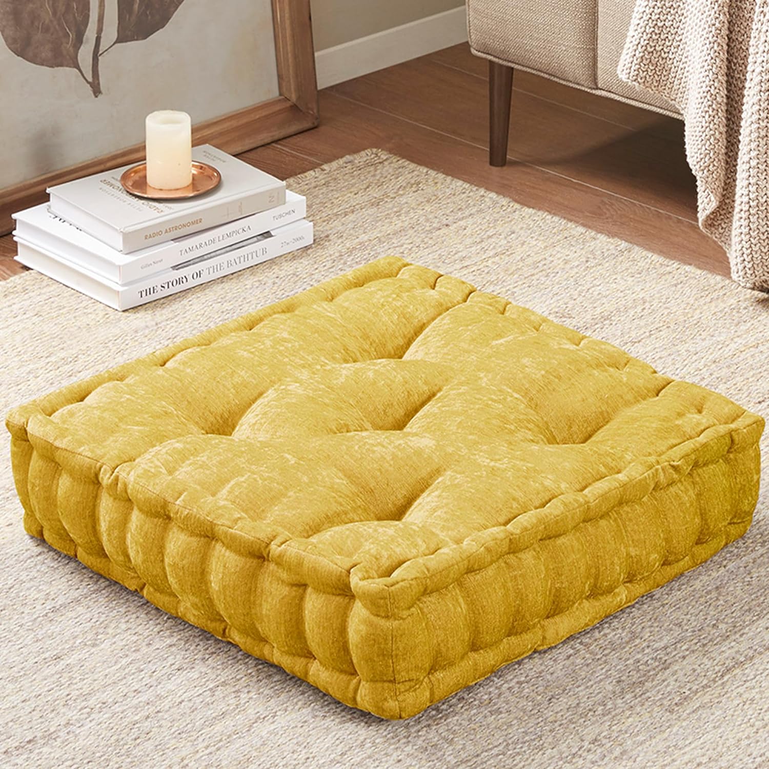 Intelligent Design Azza Floor Pillow, Large Cushions Sitting for Adults, Floor Pillow for Meditation or Yoga, Lustrous Chenille Tufted with Scalloped Edges for Bench/Chair Cushion, 20x20x5 Yellow