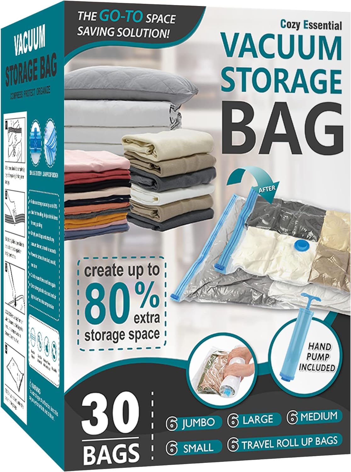 30 Pack Space Saver Bags (6 Jumbo/6 Large/6 Medium/6 Small/6 Roll) Compression Storage Bags for Comforters and Blankets, Vacuum Sealer Bags for Clothes Storage, Hand Pump Included