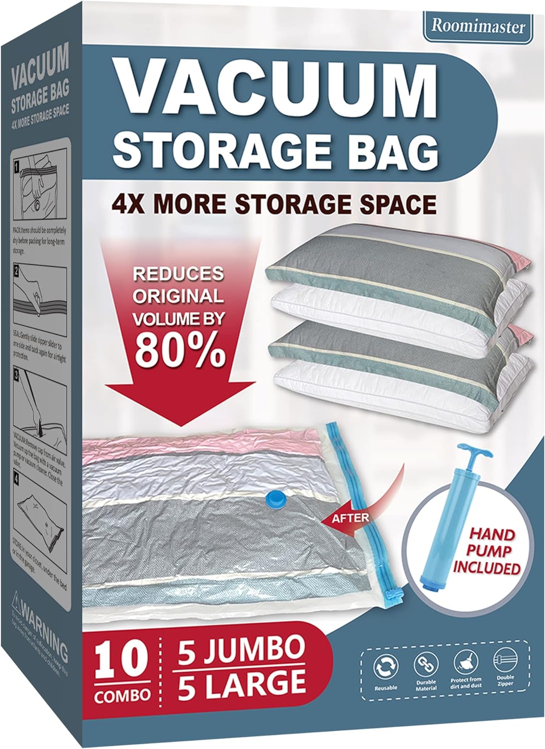 Vacuum Storage Bags, 10 Combo (5 Large/5 Jumbo) Space Saver Bags Vacuum Seal Bags with Pump, Space Bags, Vacuum Sealer Bags for Clothes, Comforters, Blankets, Bedding