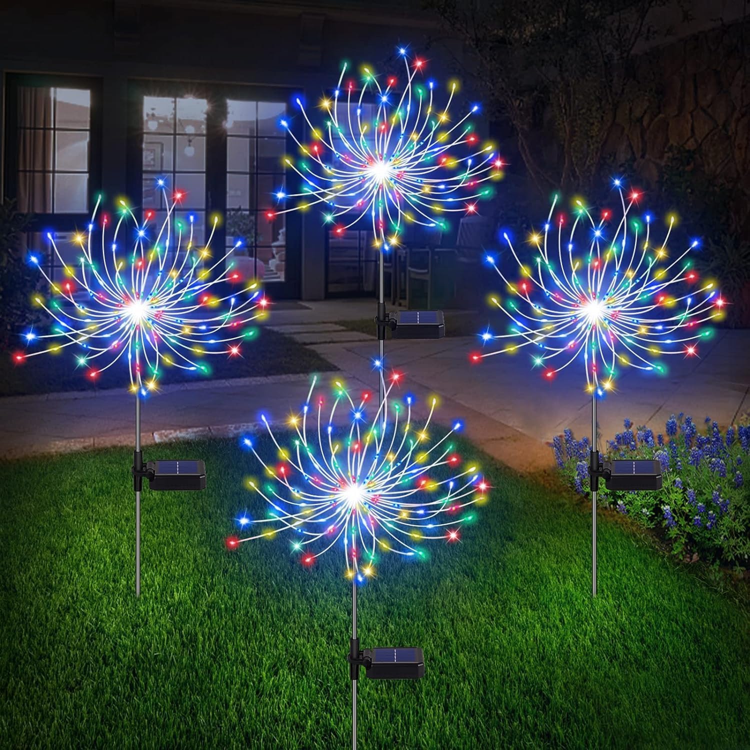 Solar Fireworks Lights, 4-Pack 150LED Decorative Starburst Lights with 8 Lighting Modes Waterproof Solar Garden Lights for Gardens, Terraces, Courtyards, Flower Beds (Color)