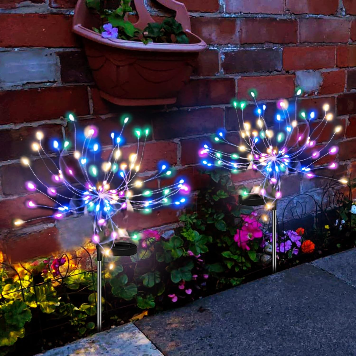 Anordsem Solar Firework Lights 2Pcs Garden Lights Outdoor Waterproof, 120 LED with 2 Modes Twinkling&Steady-On, Starburst Sparkler Firecracker Lights for Path, Patio, Yard, Flowerbed (Colorful)