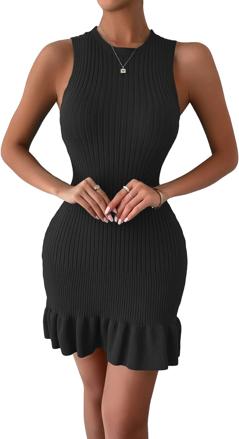 SOLY HUX Women' Sexy Sleeveless Bodycon Dress Ruffle Hem Ribbed Knit Sweater Slim Fit Ruched Stretchy Tank Mini Dresses