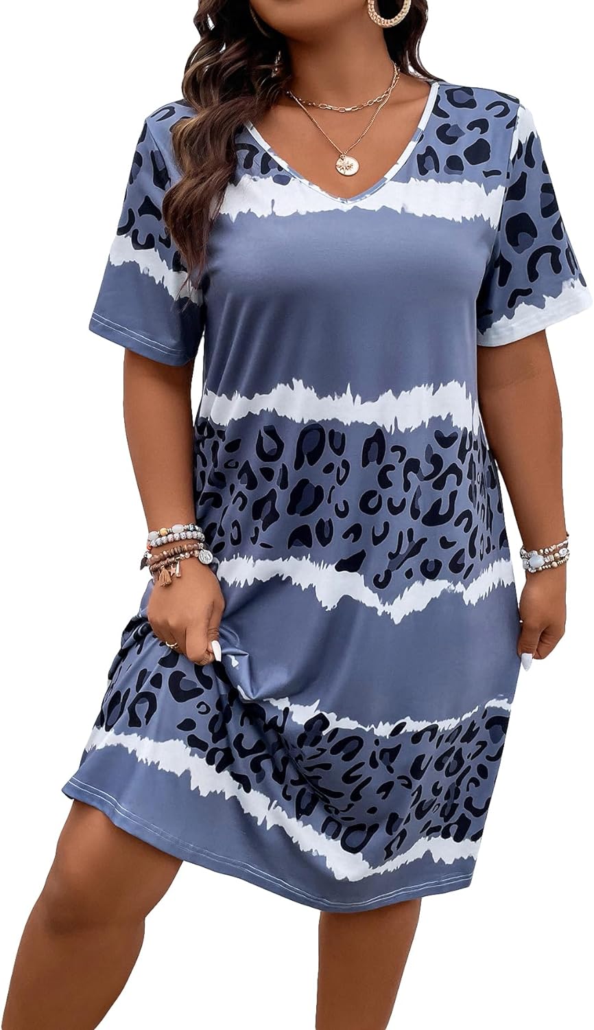 SOLY HUX Women' Plus Size Leopard Print V Neck Short Sleeve T Shirt Dress Summer Short Dresses