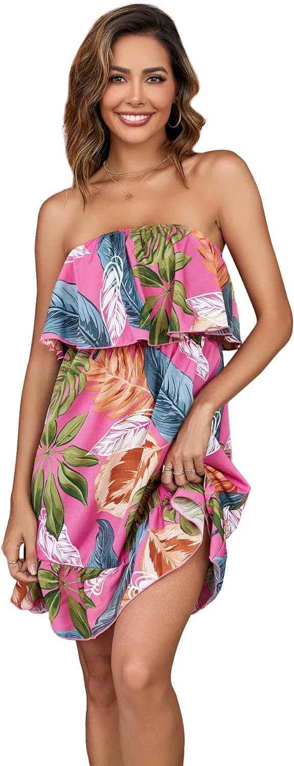 SOLY HUX Women' Floral Summer Beach Casual Sun Dresses Tropical Leaf Print Sleeveless Ruffle Hem Tube Mini Dress