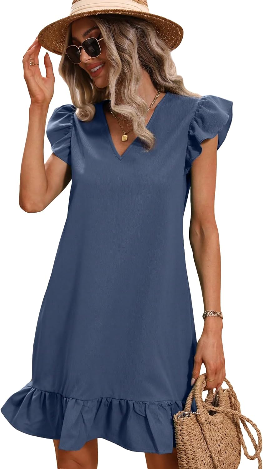 SOLY HUX Summer Dresses for Women V Neck Cap Sleeve Ruffle Hem Smock Short Dress