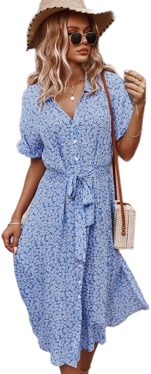 SOLY HUX Womens Summer Dress Casual Ditsy Floral Tie Front Button Up Boho Midi Tshirt Dresses