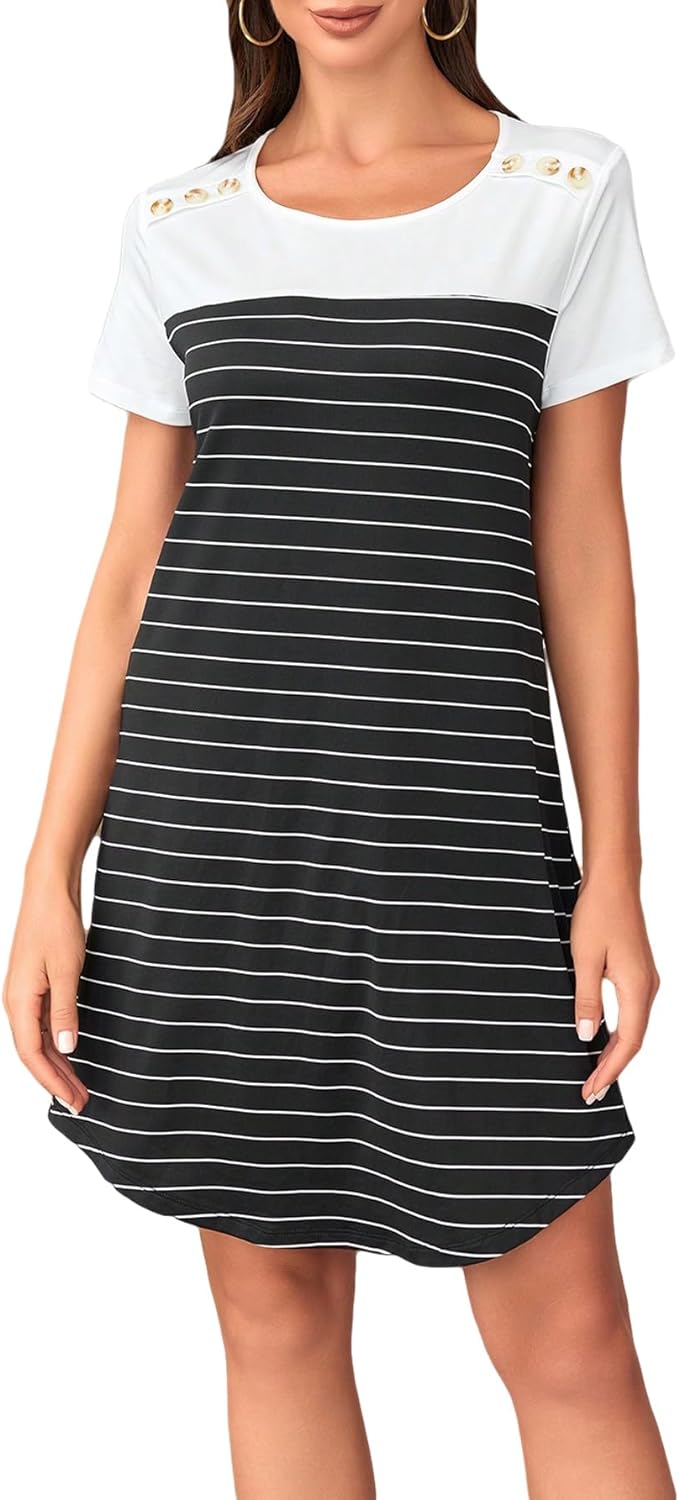 SOLY HUX Women' Striped Short Sleeve Tshirt Dresses Colorblock Button Summer Dress