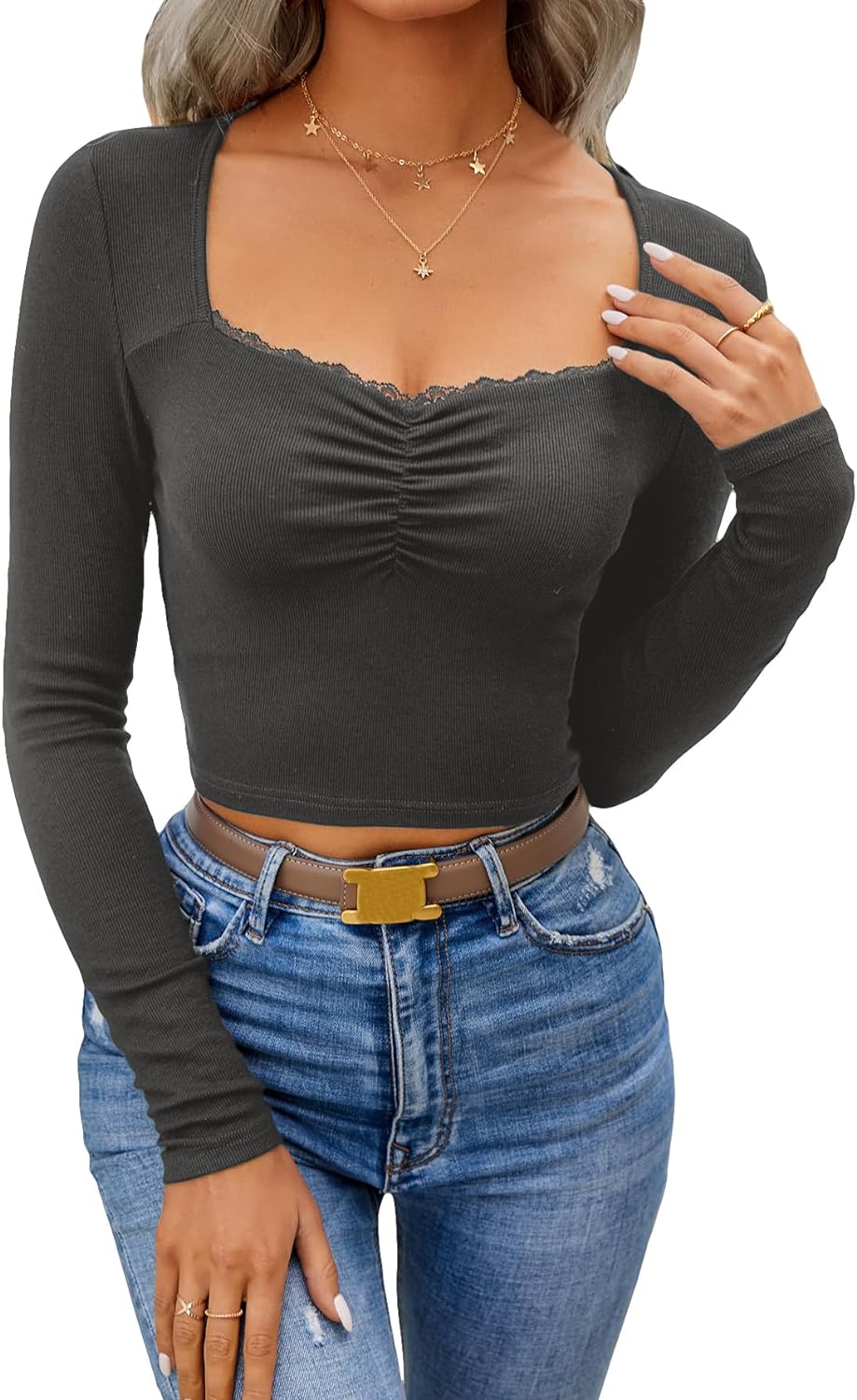 SOLY HUX Womens Long Sleeve Crop Tops T Shirts Ribbed Knit Lace Ruched Sweetheart Neck Casual Basic Fitted Tees