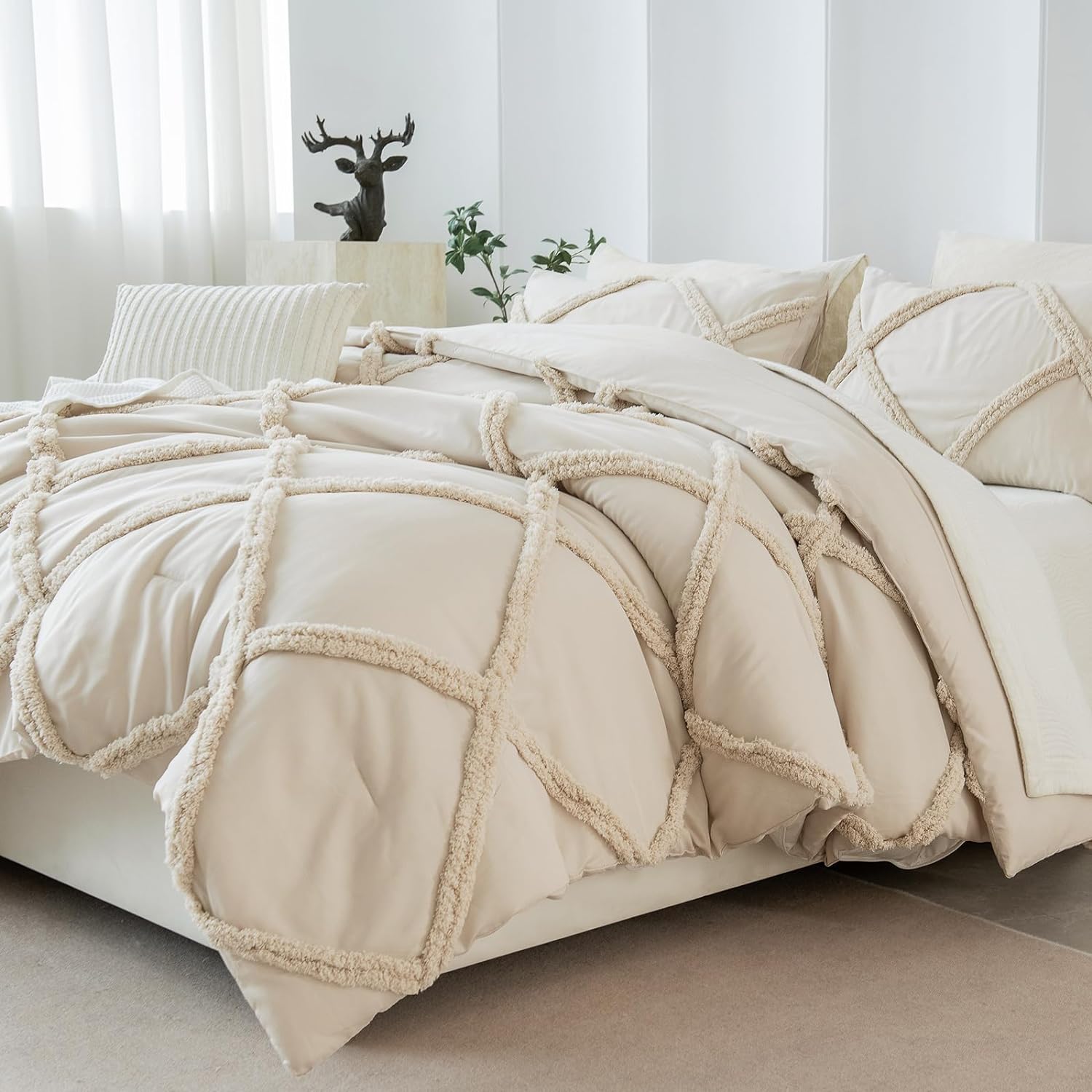 Bedbay Beige Comforter Set Queen Shabby Chic Bedding Farmhouse Boho Queen Comforter Set Diamond Tufted Beige Queen Set Soft Lightweight Fluffy Comforter Aesthetic Room Decor - Cream Grey,Queen