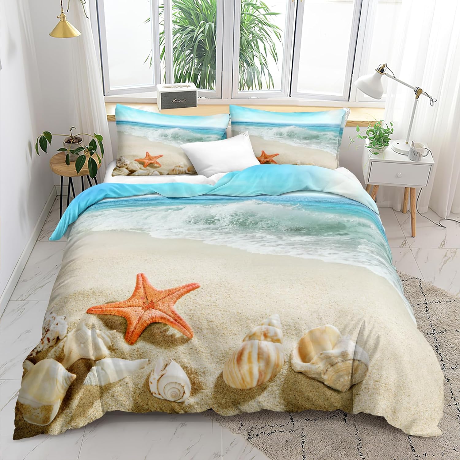 Bedbay Beachy Comforter Queen Size Beach Themed Bedding Coastal Beach Themed Room Decor Soft Lightweight Queen Bedding Set Tropical Bedspread Ocean Comforter for All Seasons(Conch,Queen)