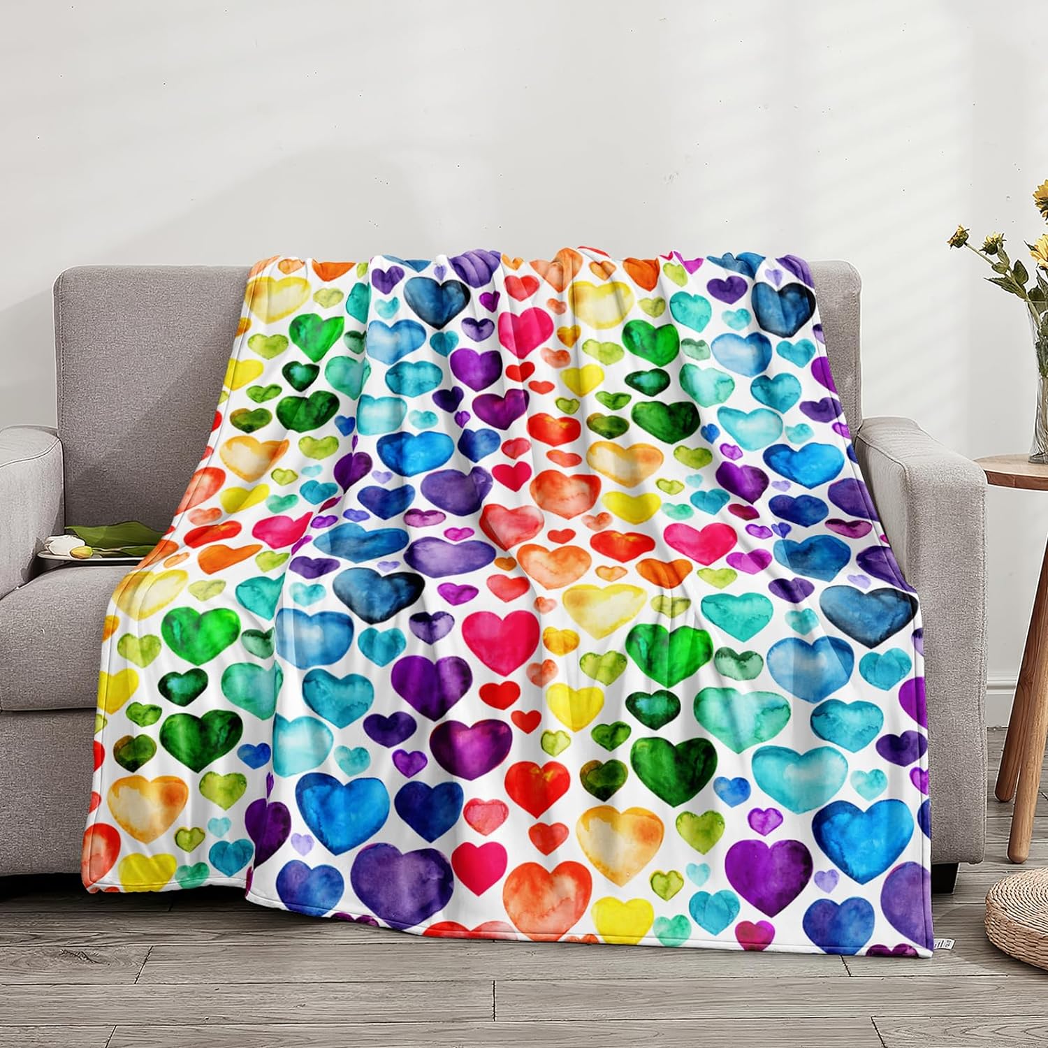 Bedbay Throw Blanket for Couch Sofa Colorful Love Heart Couple Lovers Blanket Boys Girls Teen Soft Flannel Fleece Blanket Rainbow Heart Shaped Decor All Season (Colorful, Throw(50x60))