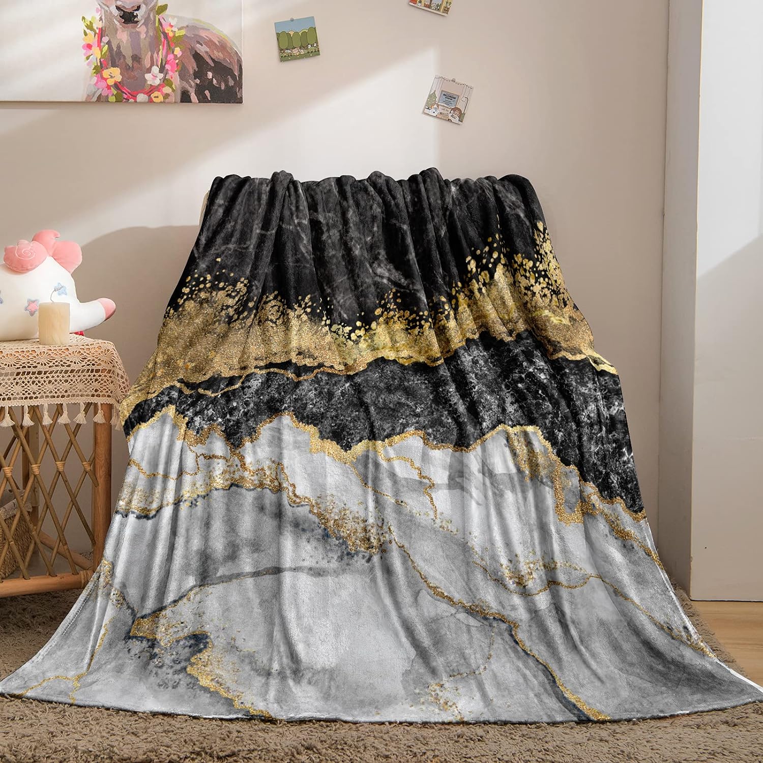 Bedbay Flannel Fleece Blanket Black Gold Throw Blanket Modern Marble Textured Bed Couch Sofa Travel Blanket Soft Lightweight Plush Blanket Boys Girls Cozy Blanket(Grey Gold,Throw(50x60))