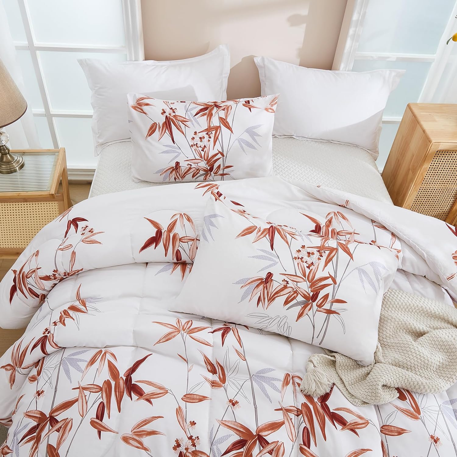 Bedbay Bamboo Print Comforter Set Queen Size Bamboo Leaf Bedding Boys Girls Botanical Floral 3 Pieces Soft Breathable Cozy Comforter Preppy Room Decor Aesthetic Bedding Set Orange