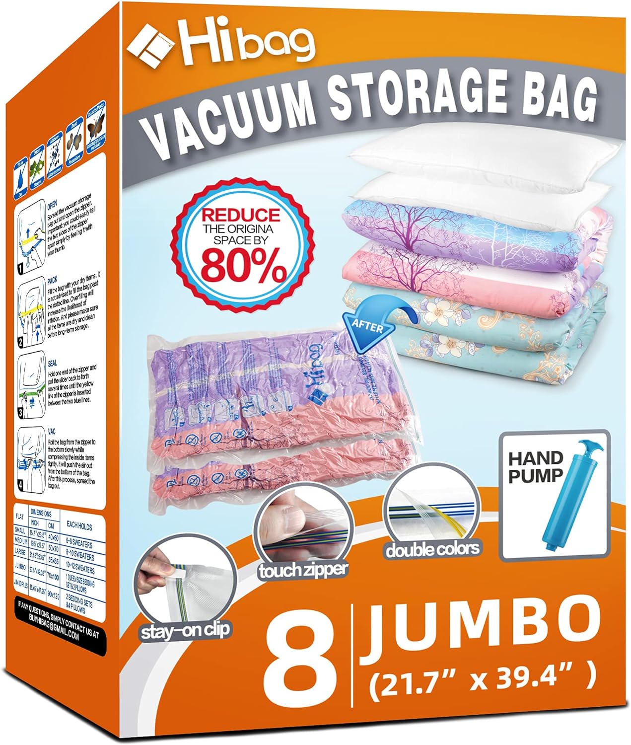 8 Jumbo Space Saver Bags, Vacuum Storage Bags for Clothes, Clothing, Comforter and Blanket Hand-Pump (8-Jumbo)