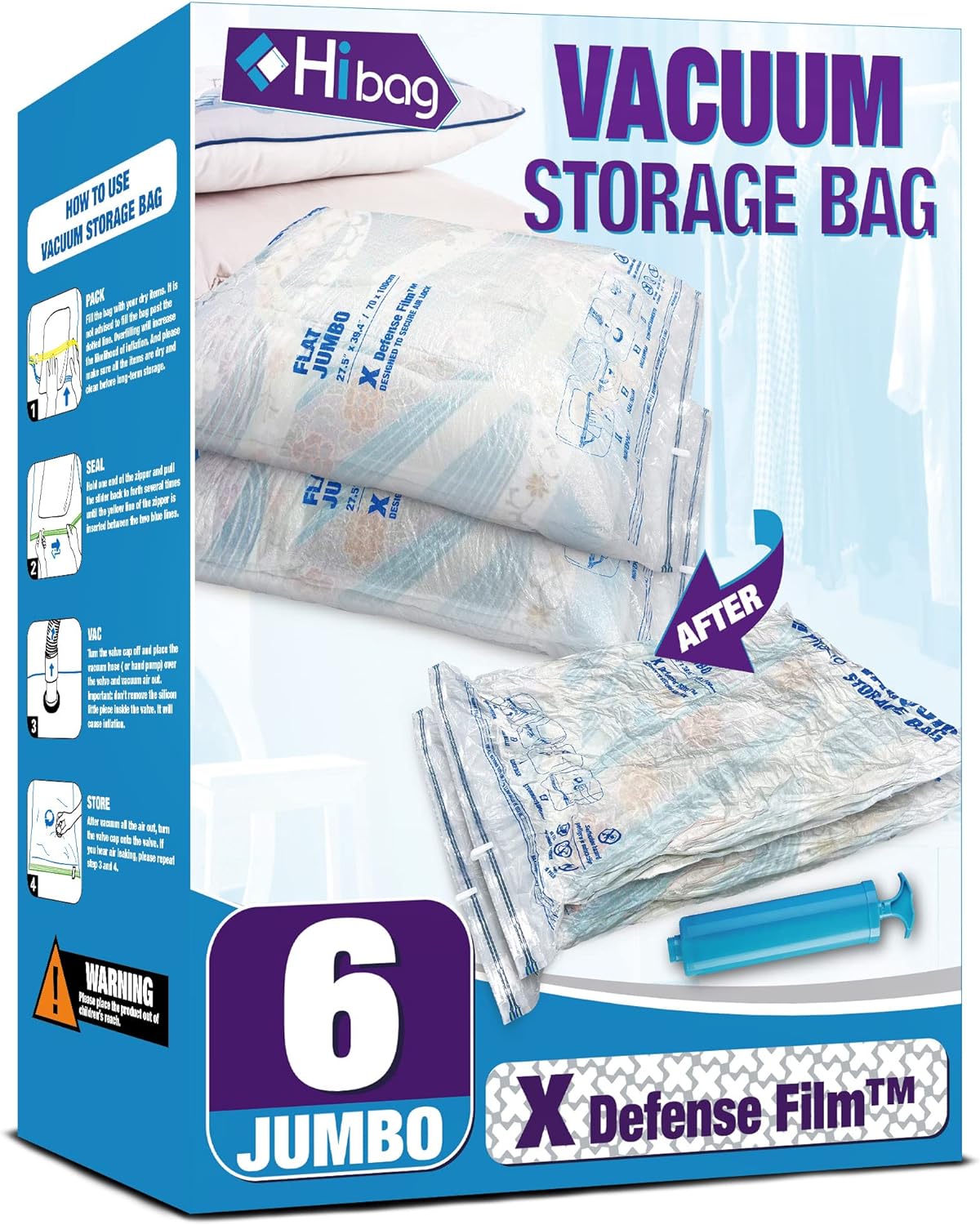 Vacuum Storage Bags, 6 Jumbo Space Saver Vacuum Seal Bags, Space Bags, Vacuum Sealer Bags for Clothes, Comforters, Blankets, Bedding (6J)