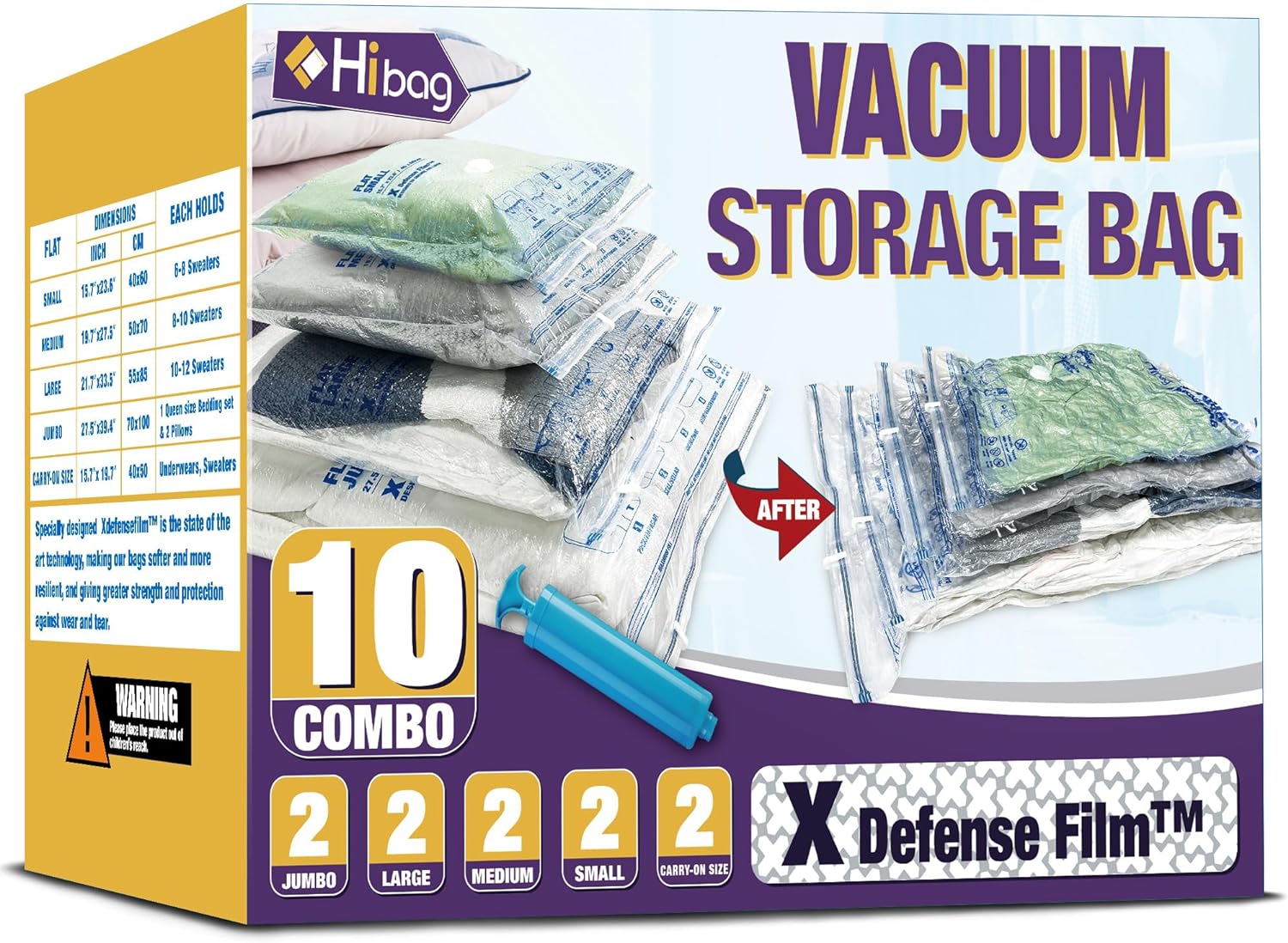 HIBAG Vacuum Storage Bags, 10-Pack Vacuum Seal Bags for Clothing Clothes, Space Saver Bags (2 Jumbo, 2 Large, 2 Medium, 2 Small, 2 Roll-up) with Pump (10-Combo)